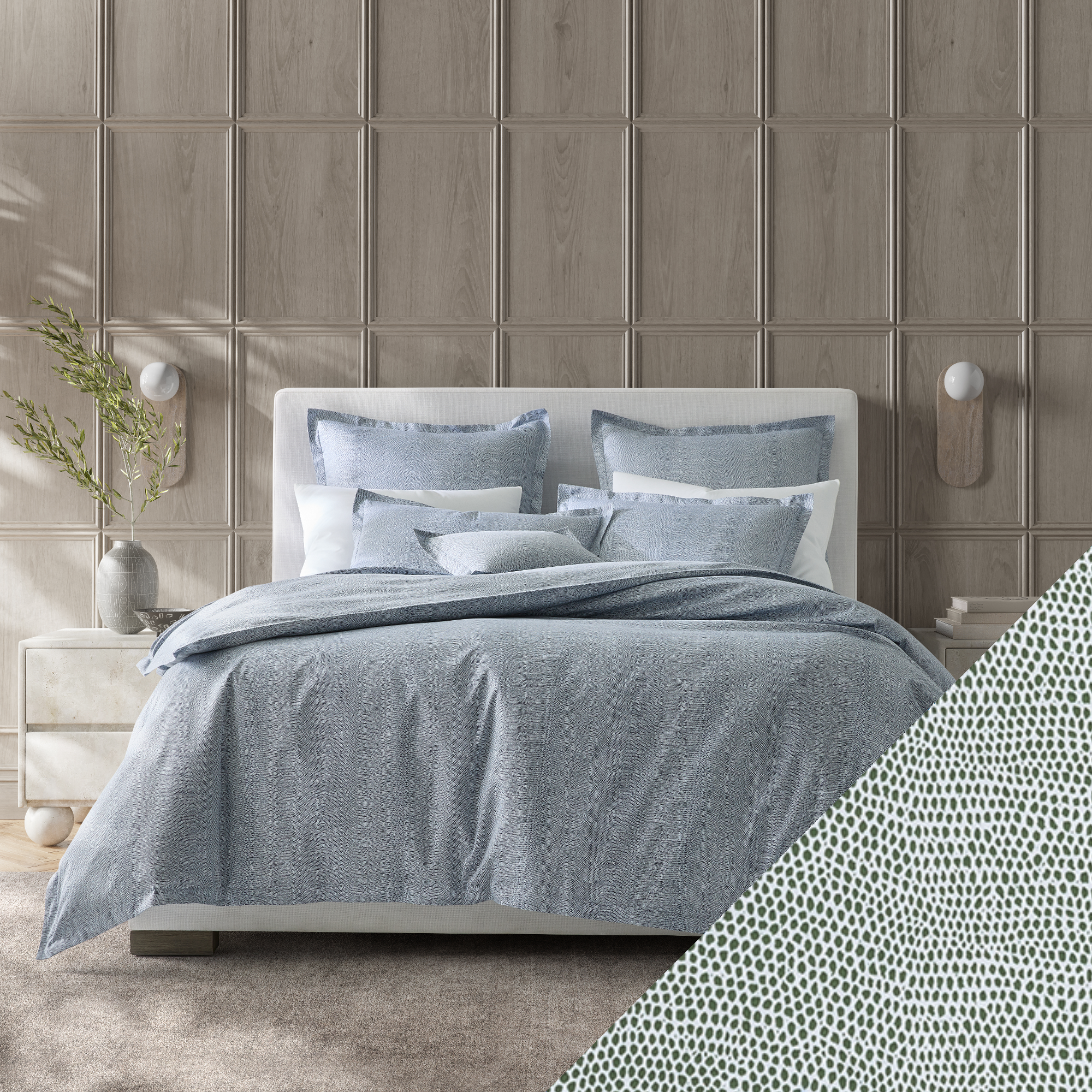 Full Bed Dressed in Steel Blue Matouk Jasper Bedding with Green Swatch