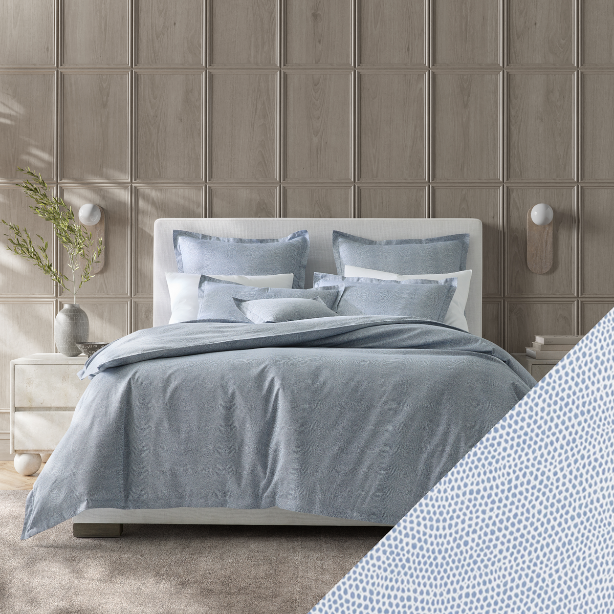 Full Bed Dressed in Steel Blue Matouk Jasper Bedding with Hazy Blue Swatch