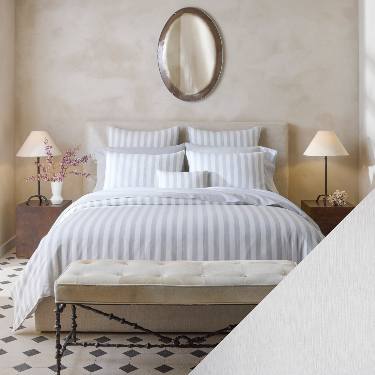 Bed in Full Matouk Lana Bedding in Silver Stripe color with Silver Swatch