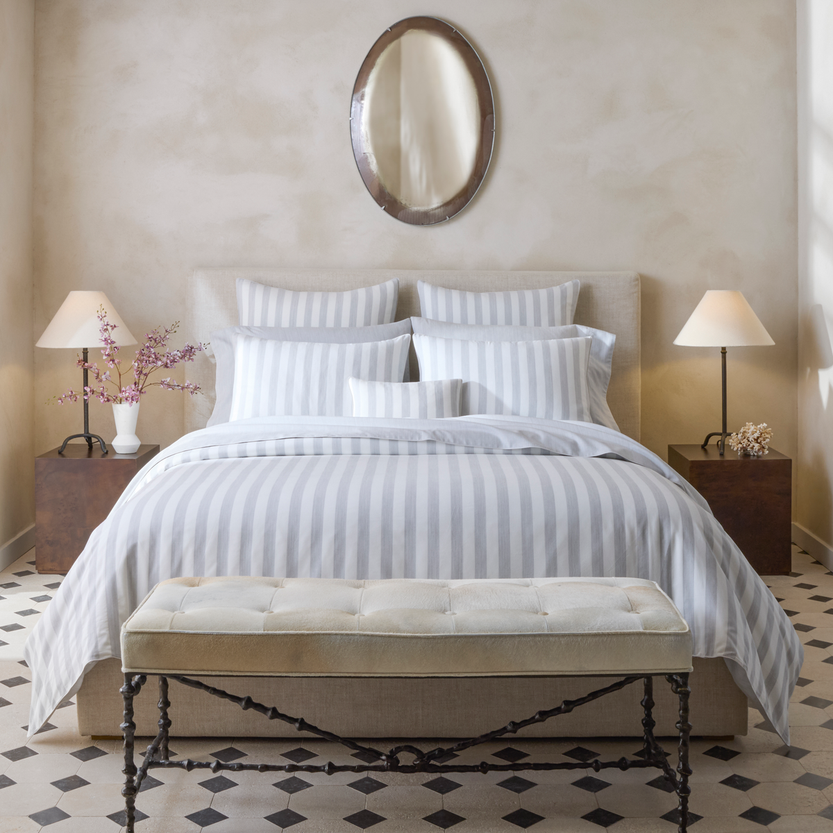 Bed in Full Matouk Lana Bedding in Silver Stripe color 
