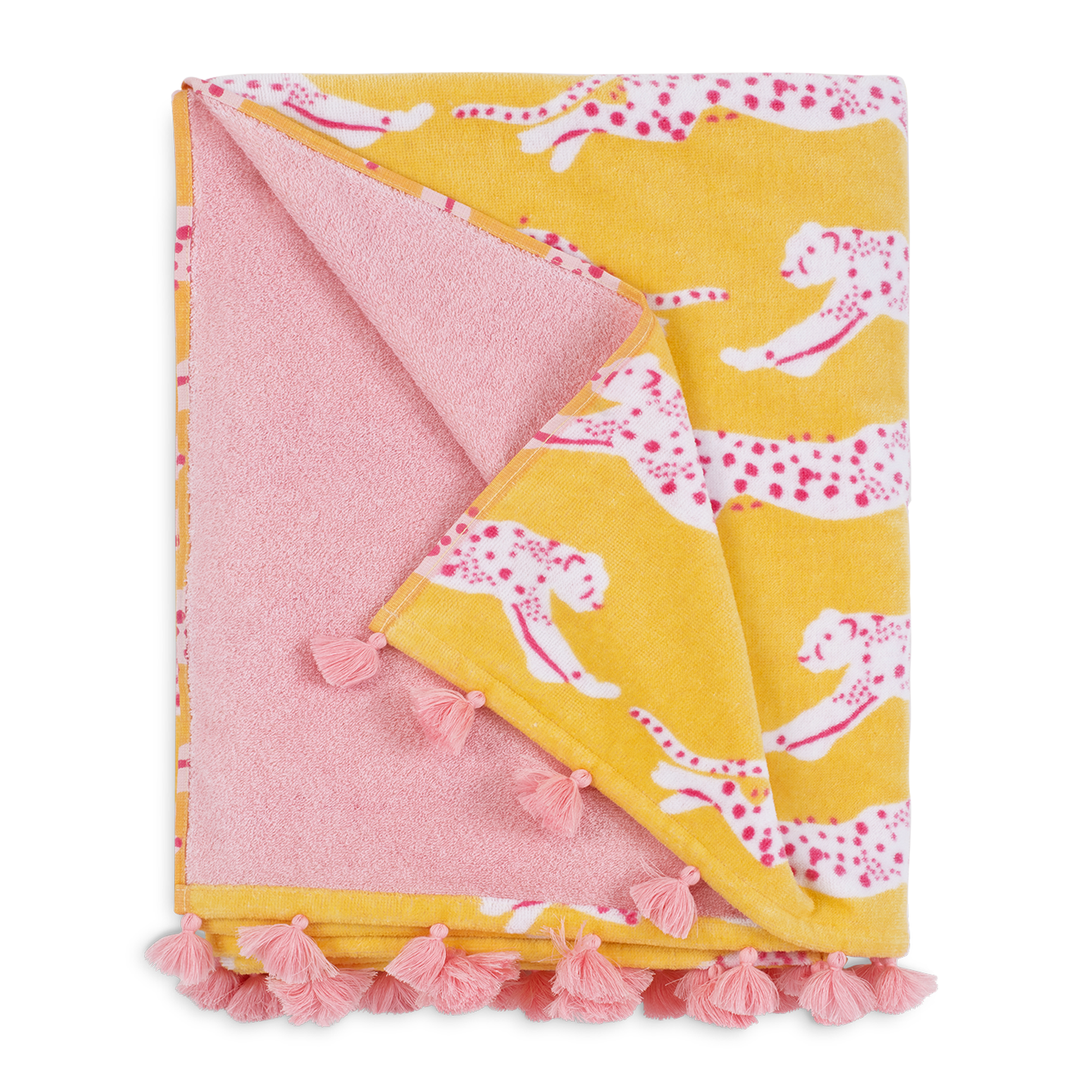 Folded Silo of Matouk Leaping Leopard Beach Towels in Color Lemonade