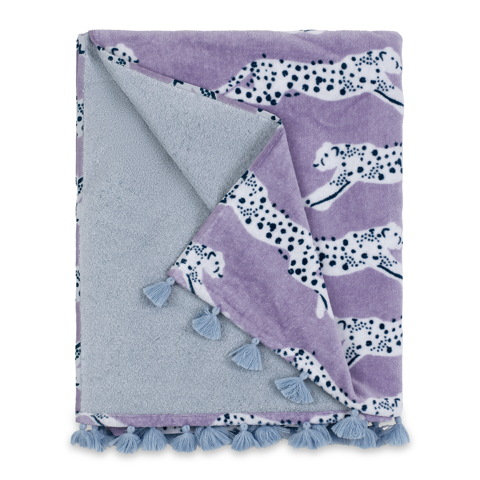 Folded Silo of Matouk Leaping Leopard Beach Towels in Color Lilac