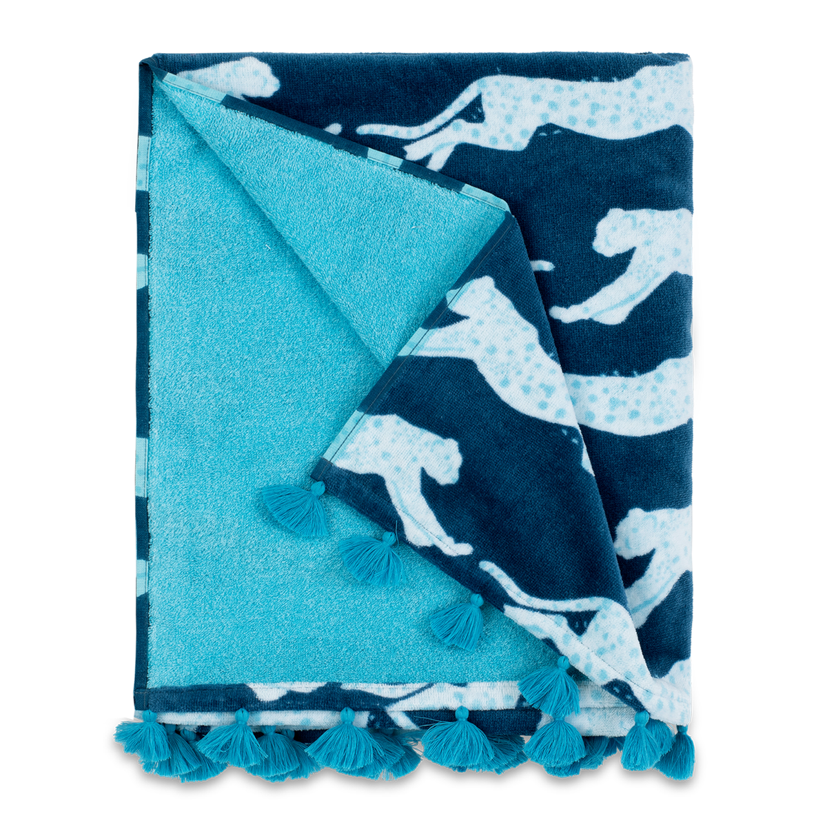 Folded Silo of Matouk Leaping Leopard Beach Towels in Color Navy
