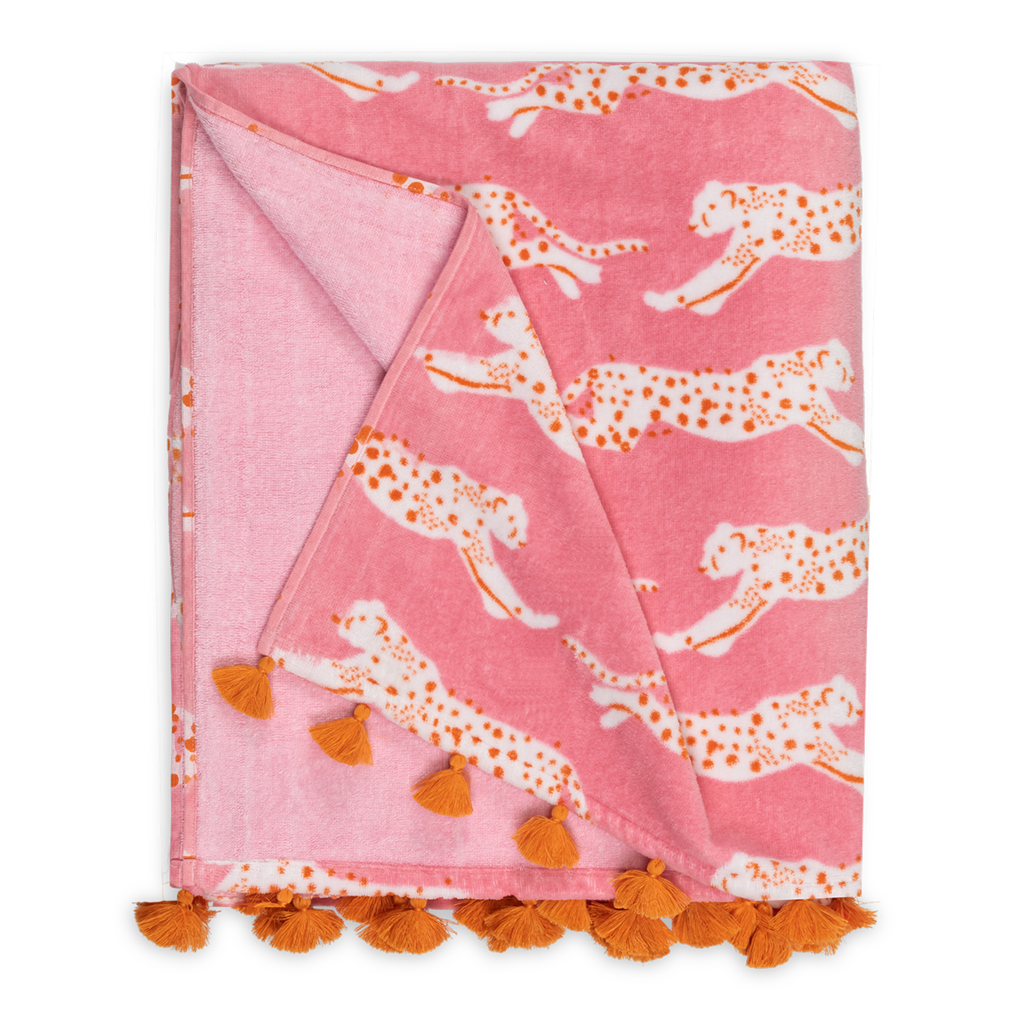 Folded Silo of Matouk Leaping Leopard Beach Towels in Color Pink Sugar