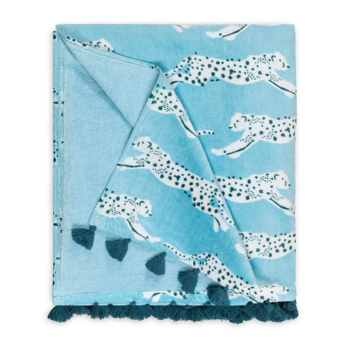 Folded Silo of Matouk Leaping Leopard Beach Towels in Color Surf