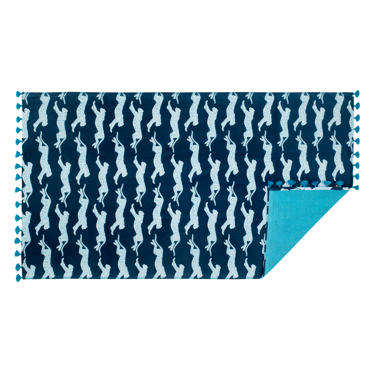 Flat Silo of Matouk Leaping Leopard Beach Towels in Color Navy