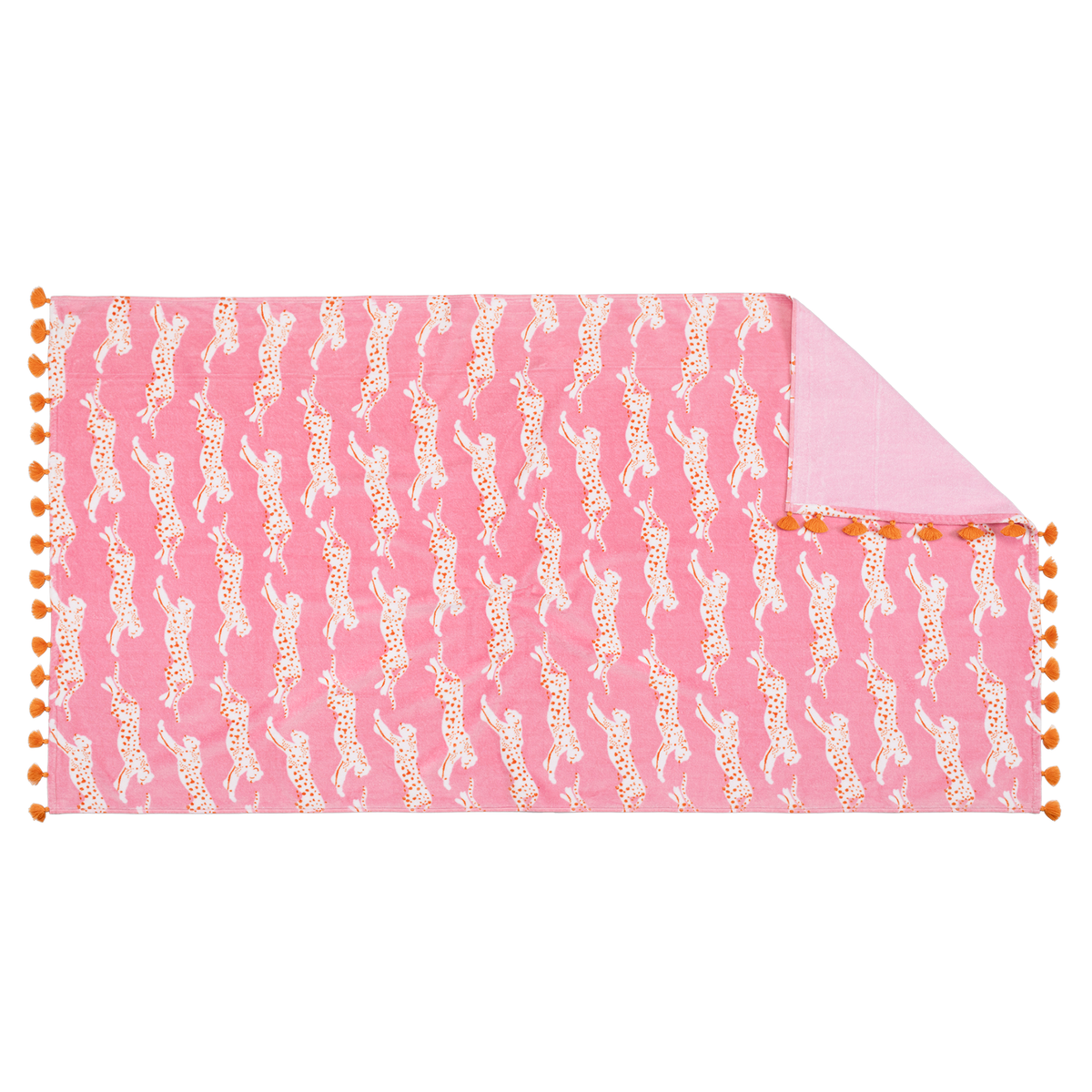 Flat Silo of Matouk Leaping Leopard Beach Towels in Color Pink Sugar