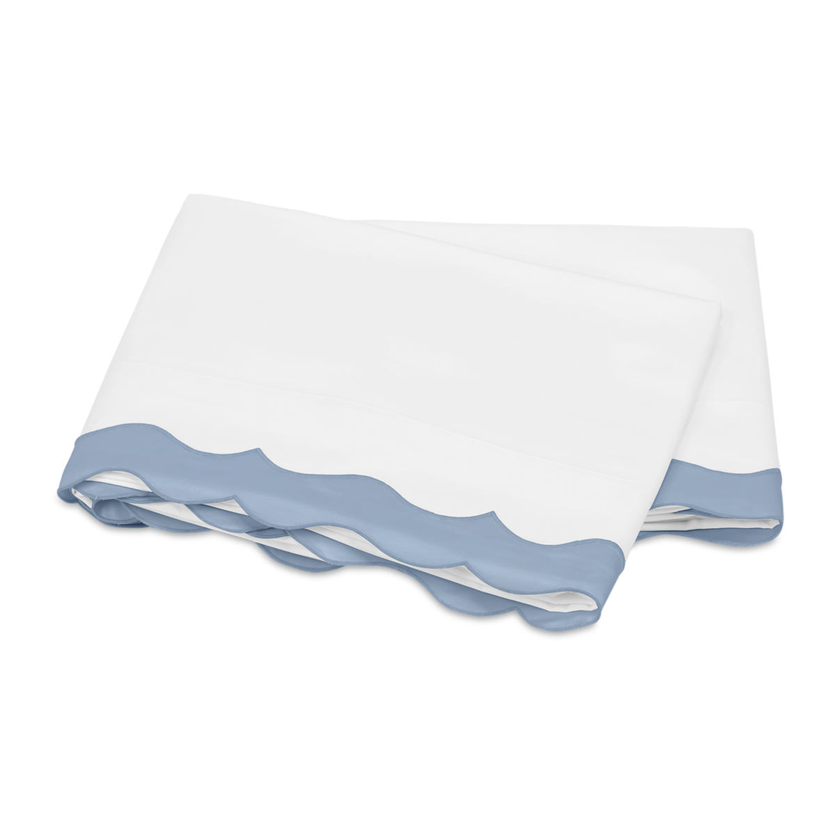 Folded Flat Sheet of Matouk Lorelei Bedding in Hazy Blue Color