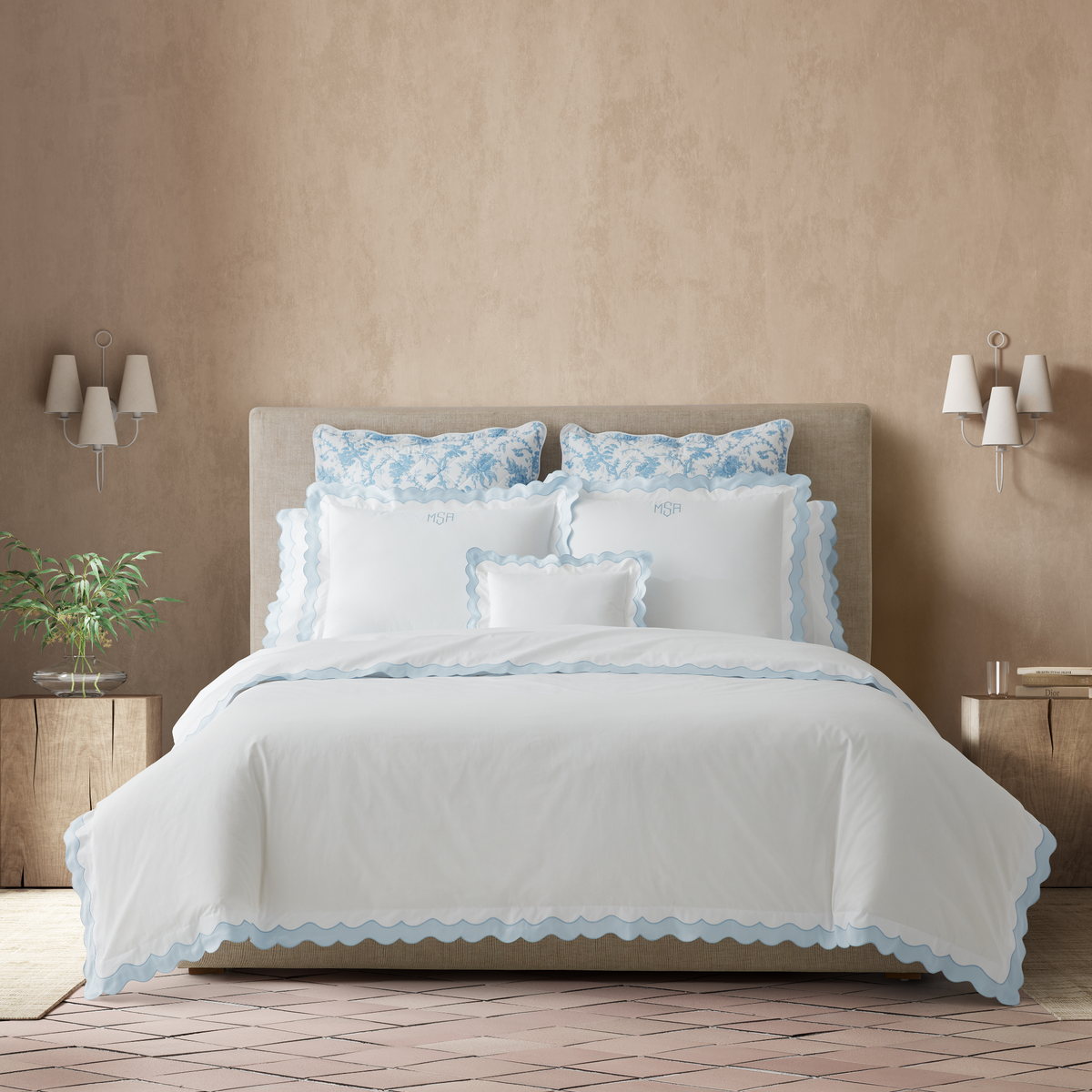 Full Bed Dressed in Matouk Lorelei Bedding in Blue Color