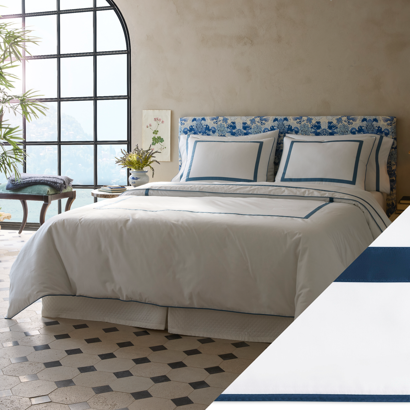 Matouk Louise Bedding with Navy Swatch