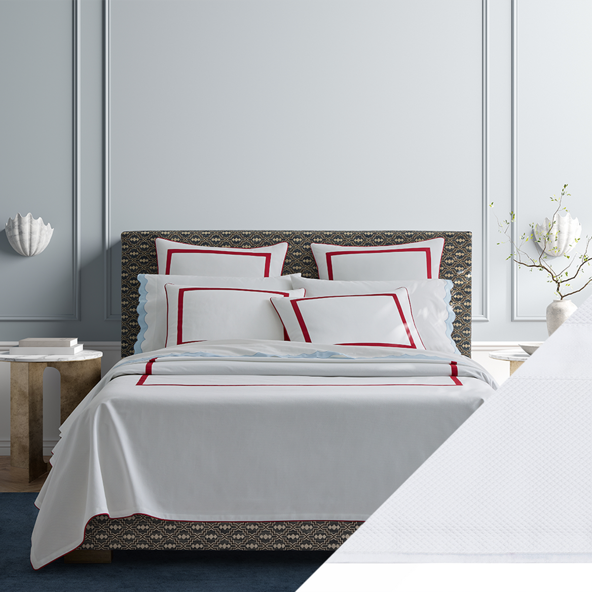 Bed Dressed in Matouk Louise Pique Bedding with Swatch in Color White