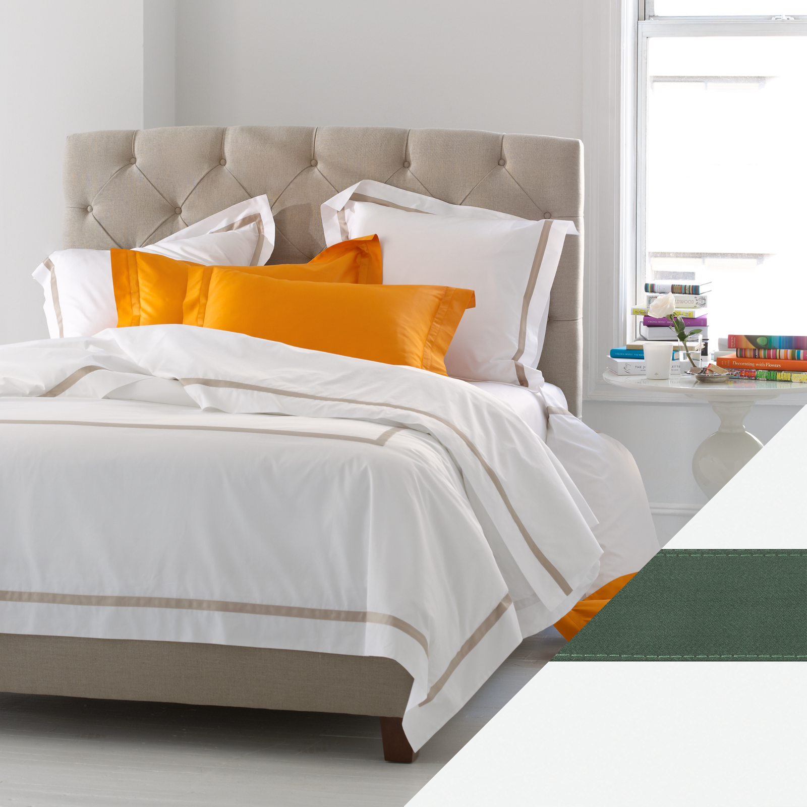 Bed in Lowell Bedding Collection with Green Swatch