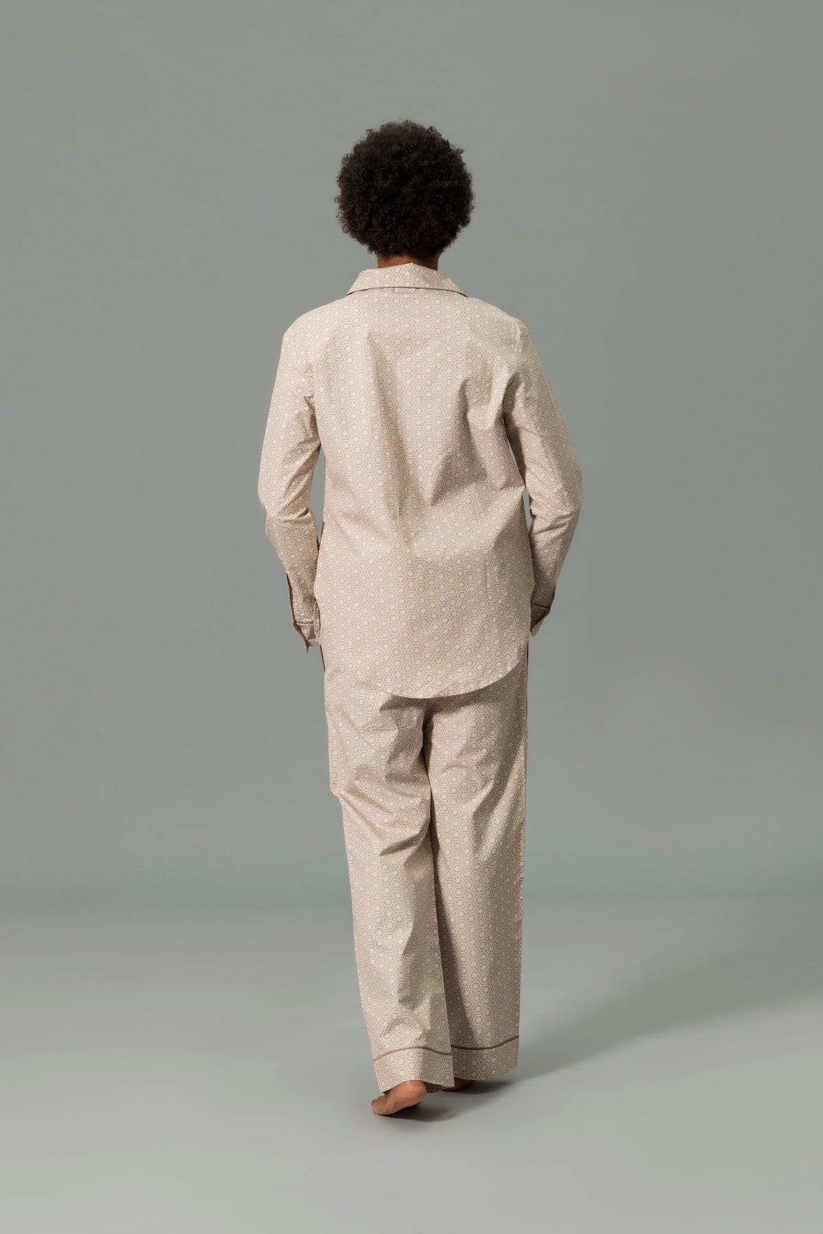 Back View of Model Wearing Matouk Luca Pajama Set in Color Levi Dune