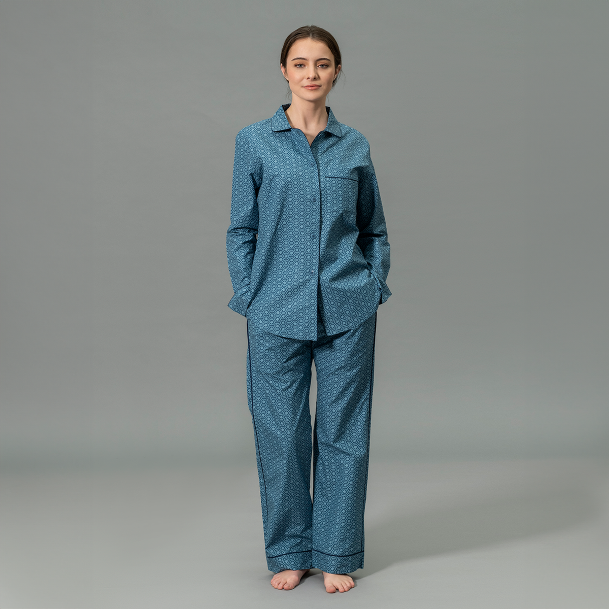 Front View of Model Wearing Matouk Luca Pajama Set in Levi Prussian Blue