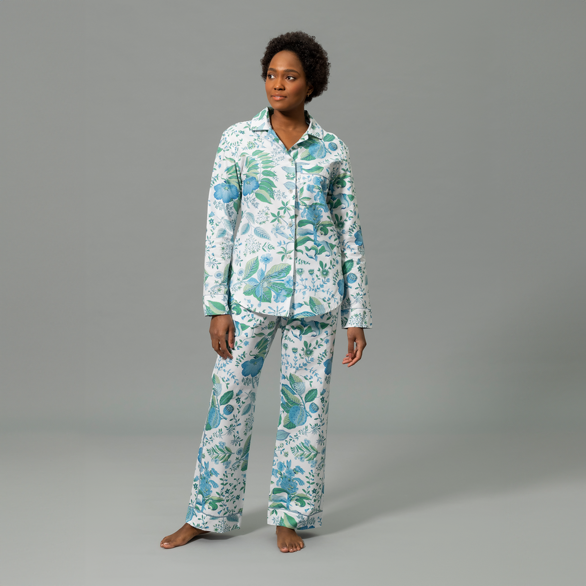 Front View of Model Wearing Matouk Luca Pajama Set in Pomegranate Sea