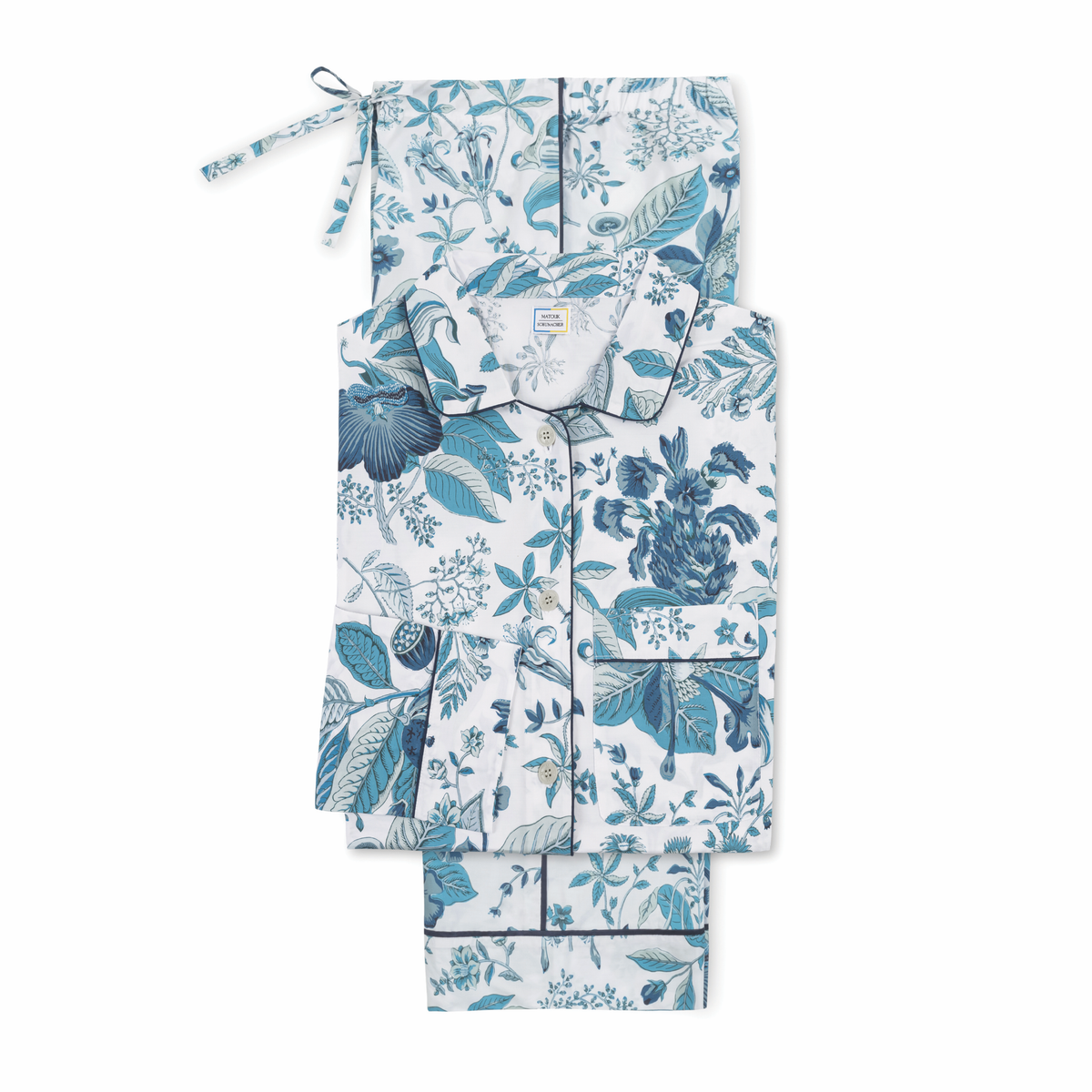 Flat View of Matouk Luca Pajama Set in Pomegranate Prussian Blue