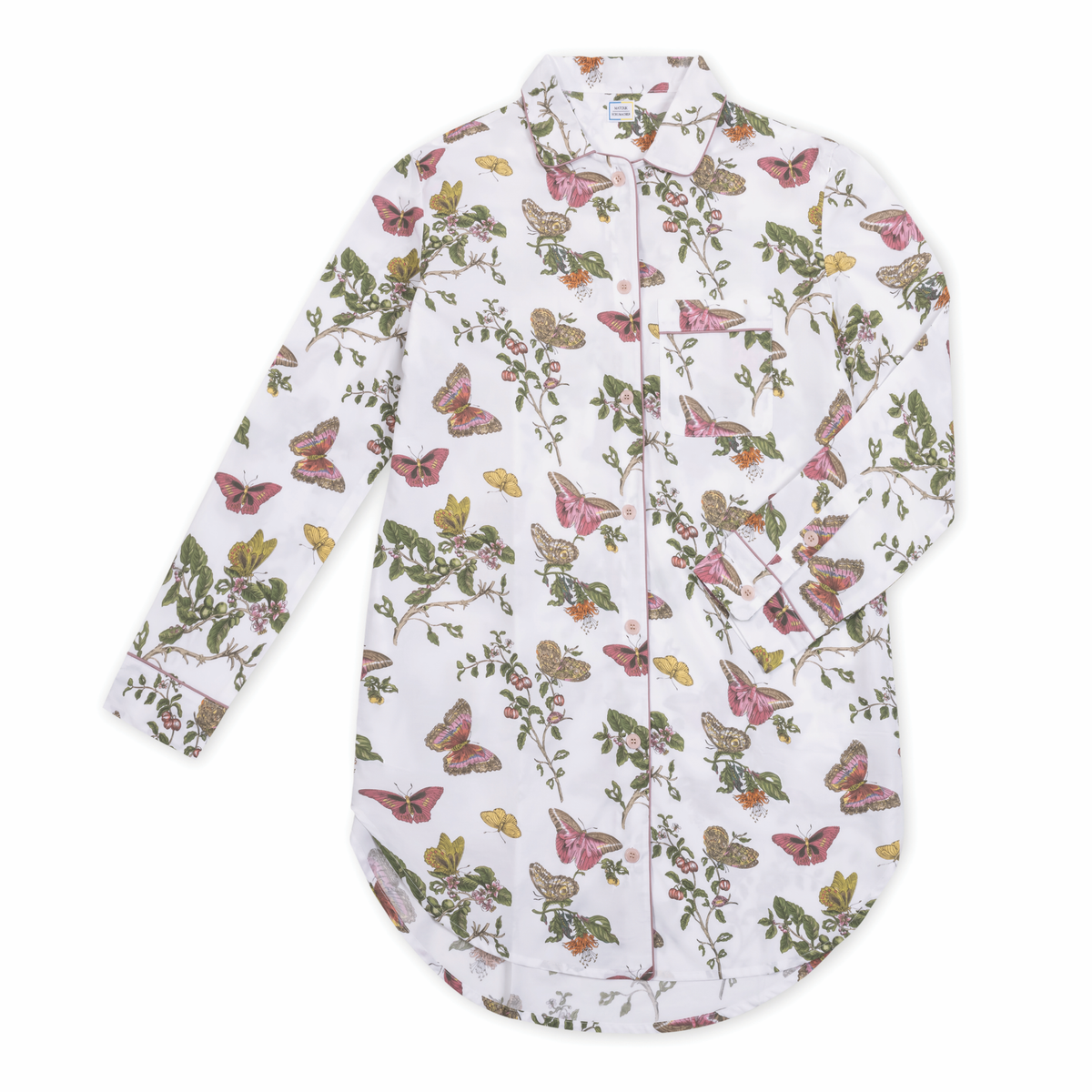 Matouk Luca Sleep Shirt in Baudin Butterfly Pink color laid flat against white background