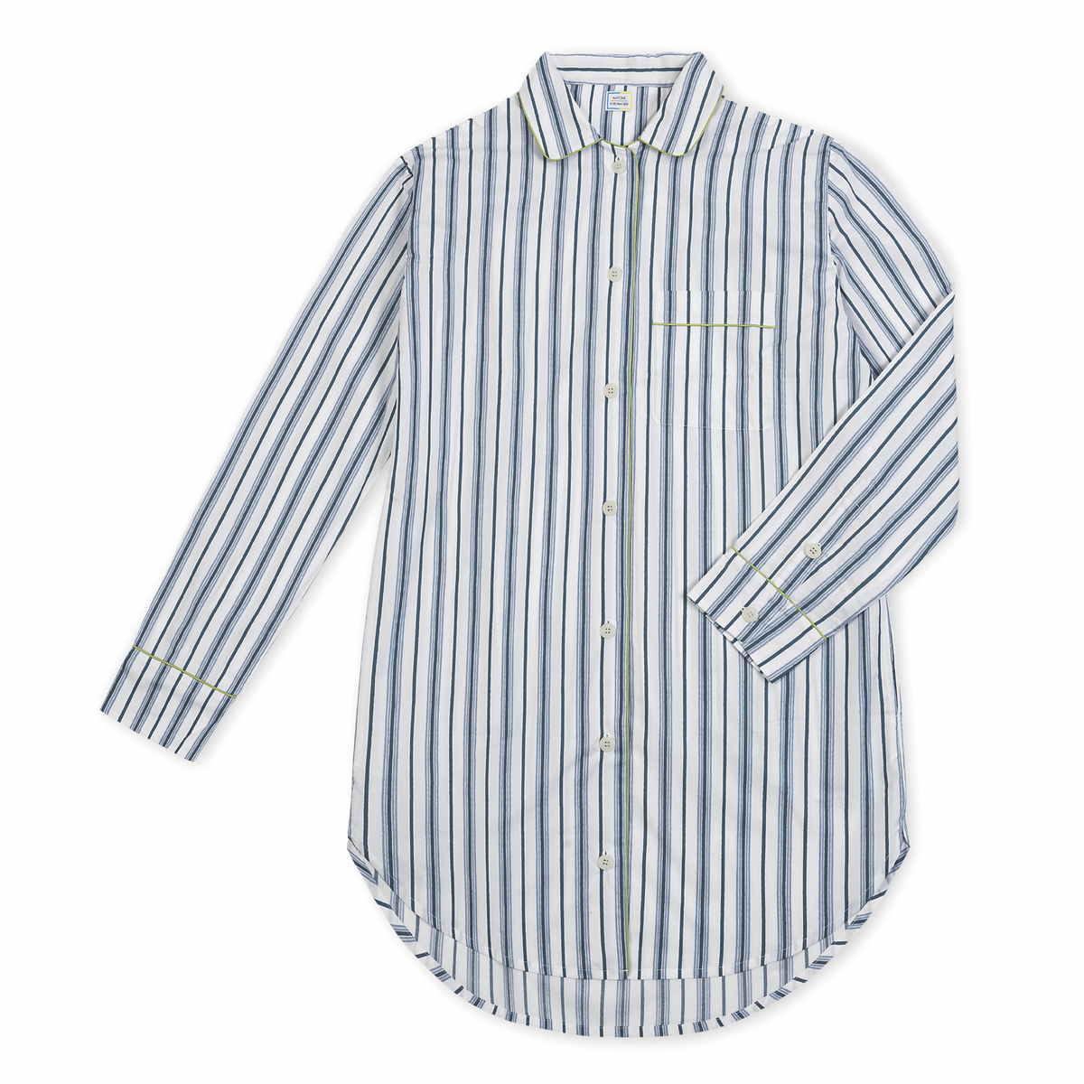 Matouk Luca Sleep Shirt in Calypso Prussian Blue color laid flat against white background