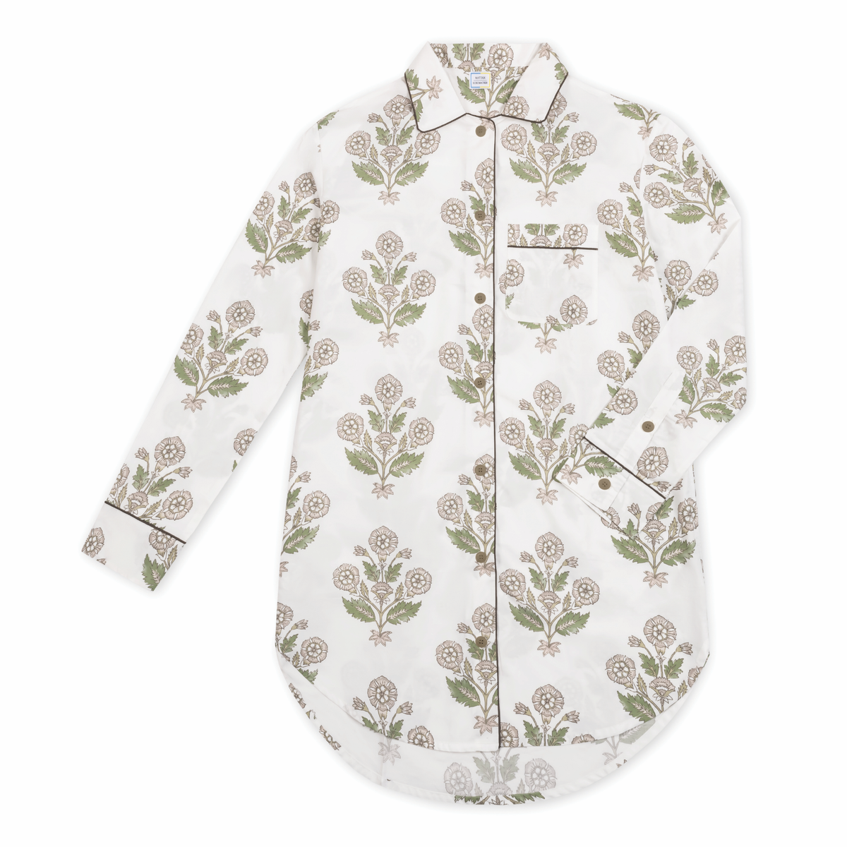 Matouk Luca Sleep Shirt in Dalila Pebble color laid flat against white background