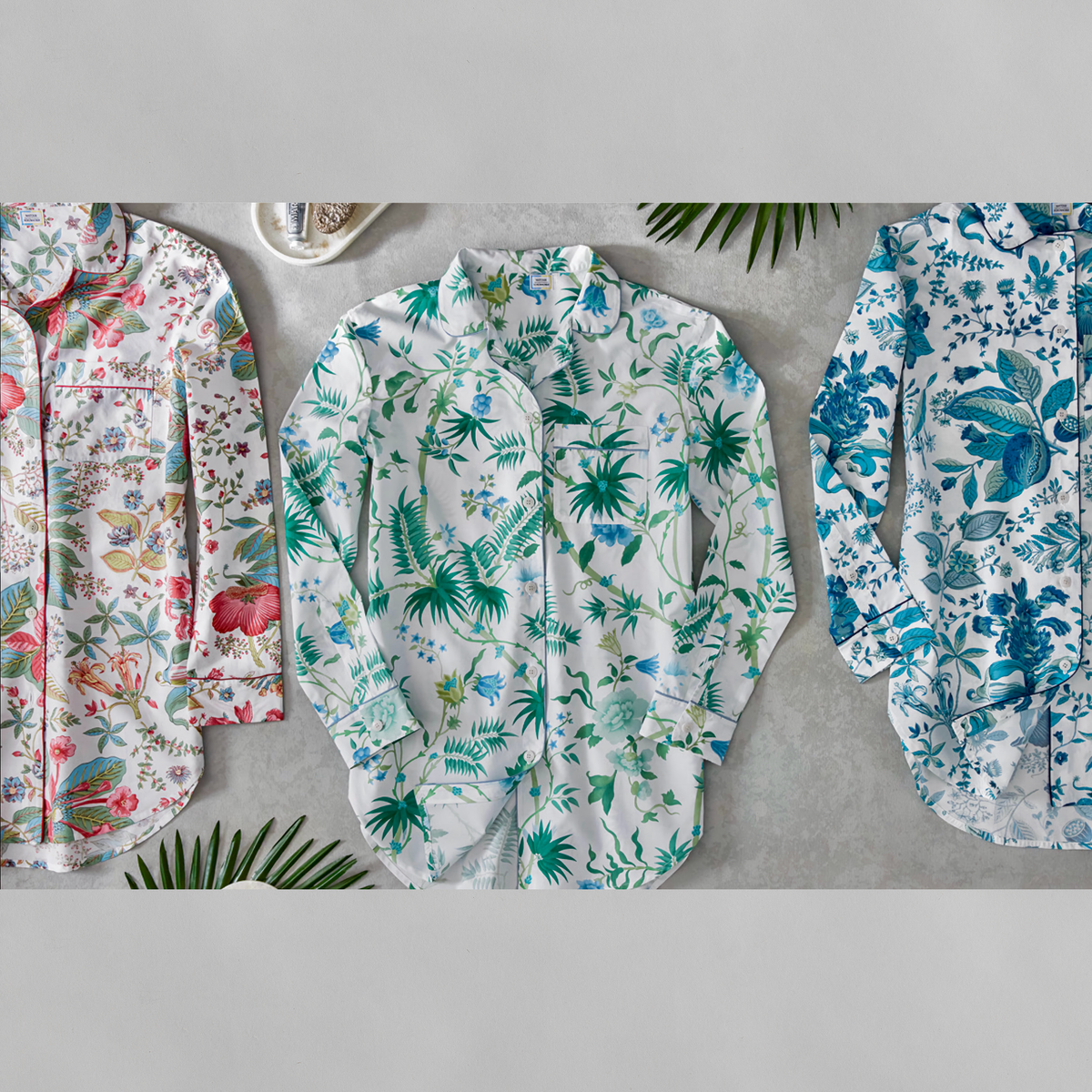 Matouk Luca Sleep Shirts in (from left to right) Pomegranate Pink Coral, Palmyra Emerald and Pomegranate Prussian Blue