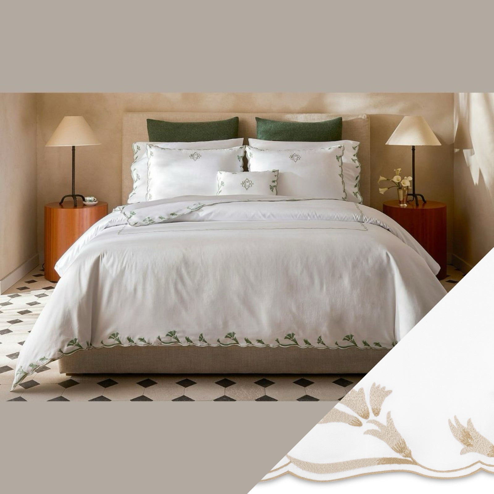 Matouk Marcella Bedding Collection with Dune swatch