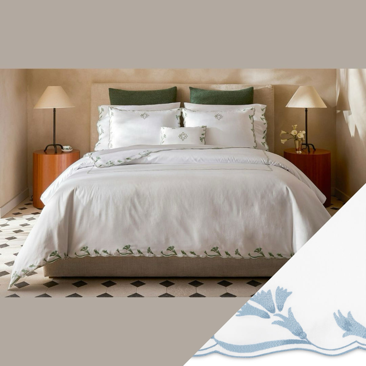 Matouk Marcella Bedding Collection with Hazy Blue swatch