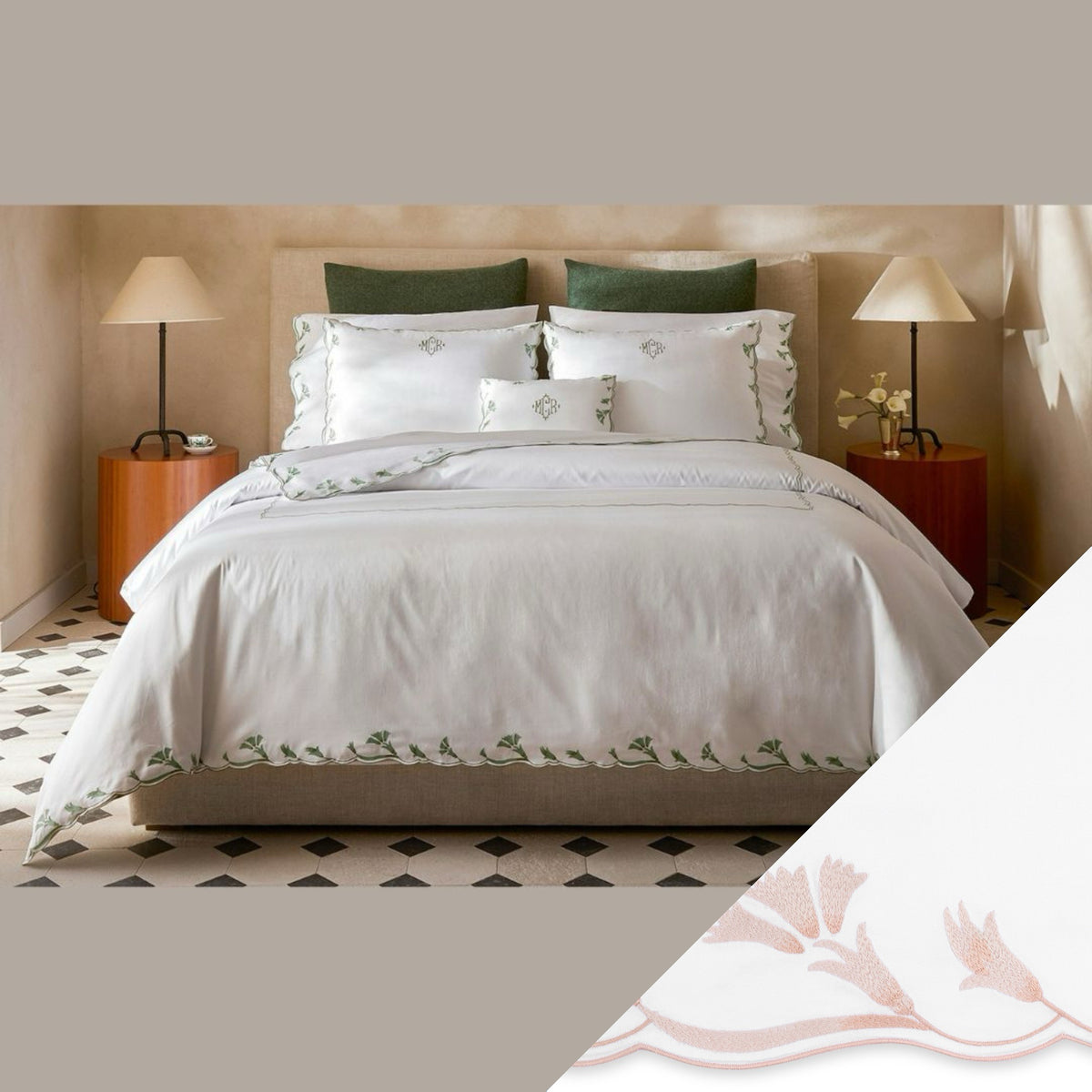Matouk Marcella Bedding Collection with Pink swatch