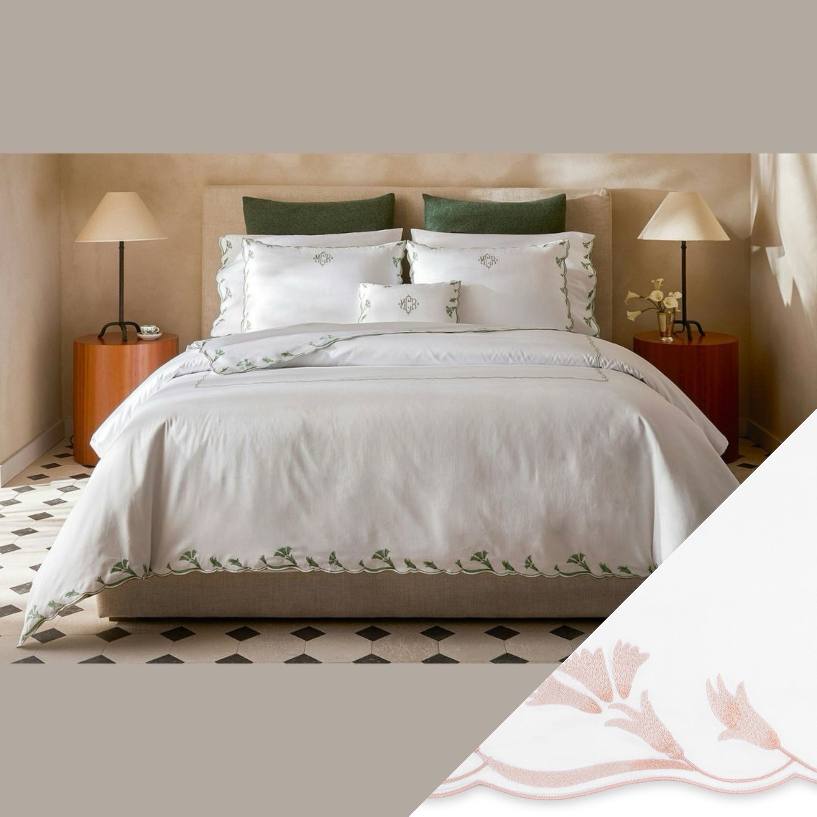 Matouk Marcella Bedding Collection with Pink swatch