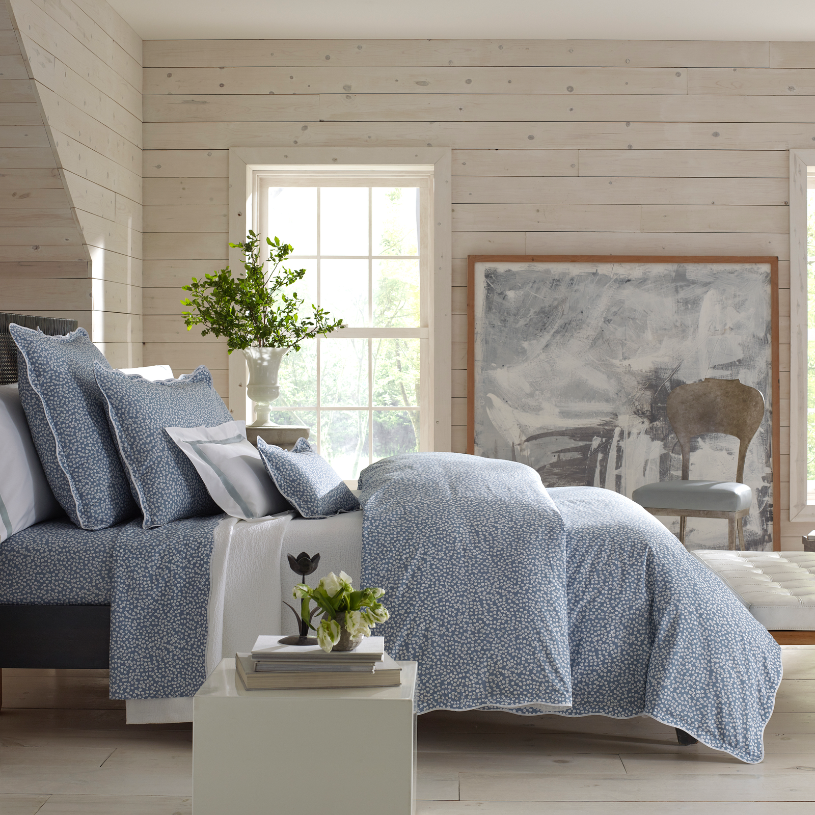 Full Bed Dressed in Matouk Margot Bedding in Hazy Blue Reverse Color