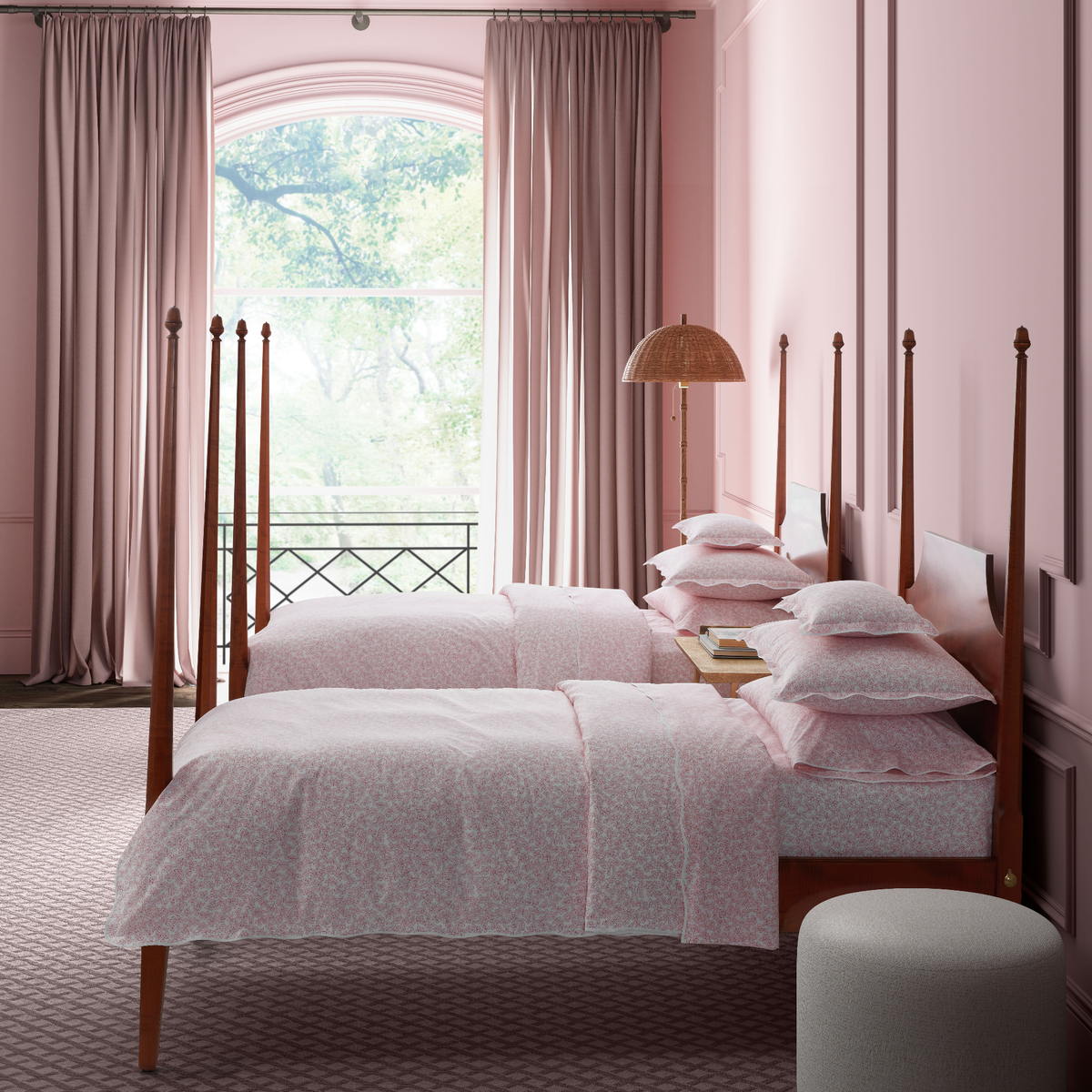 Two Single Beds Dressed in Matouk Margot Bedding in Blush Color in a Pink Room