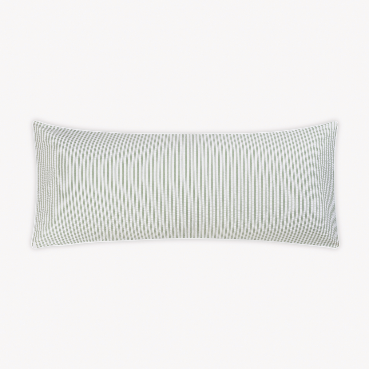 Rectangular pillow with light gray and white stripes, crafted from Matouk Matteo Collection cotton seersucker bedding.