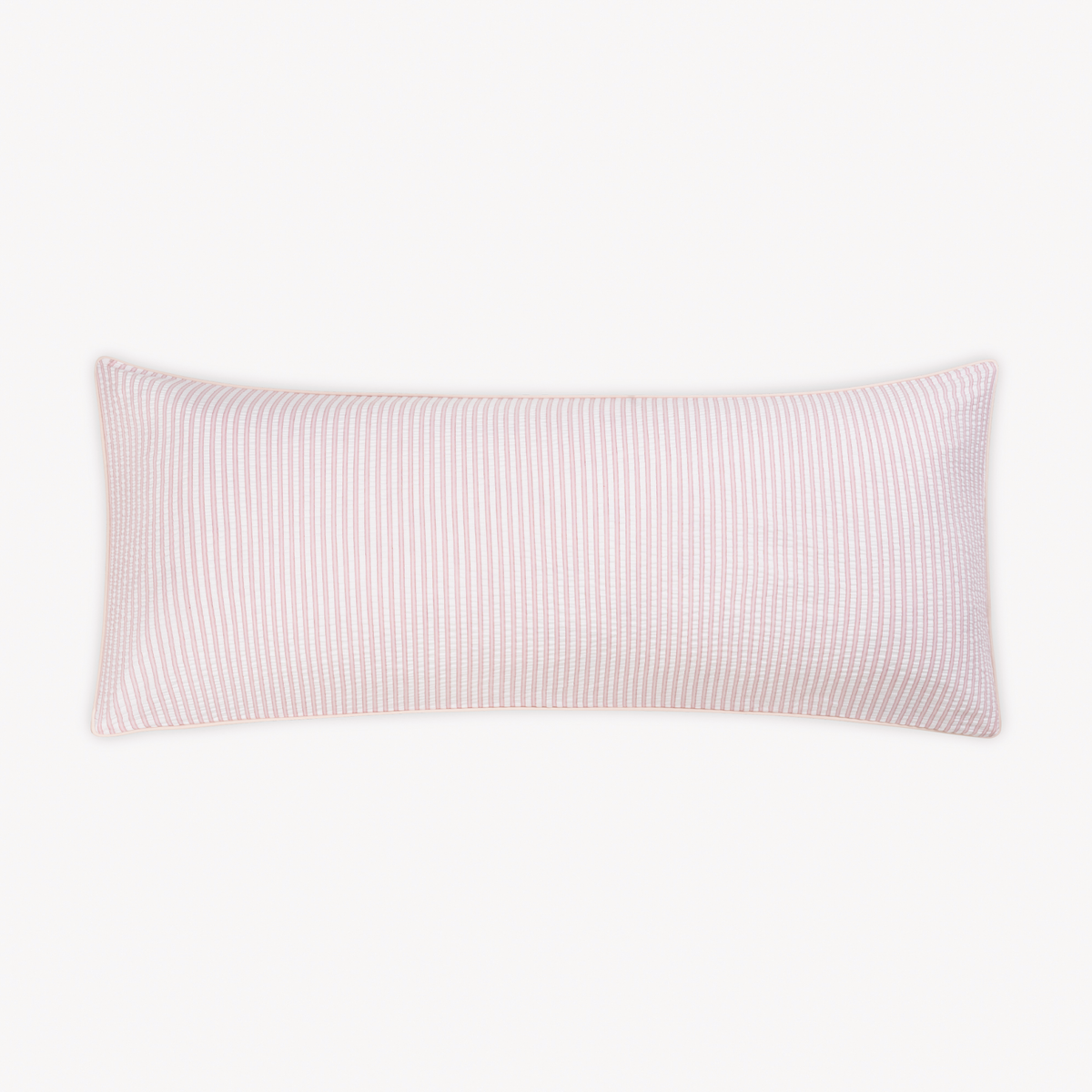 Rectangular pillow with a pink and white vertical pinstripe, inspired by the Matouk Matteo Collection menswear bedding.