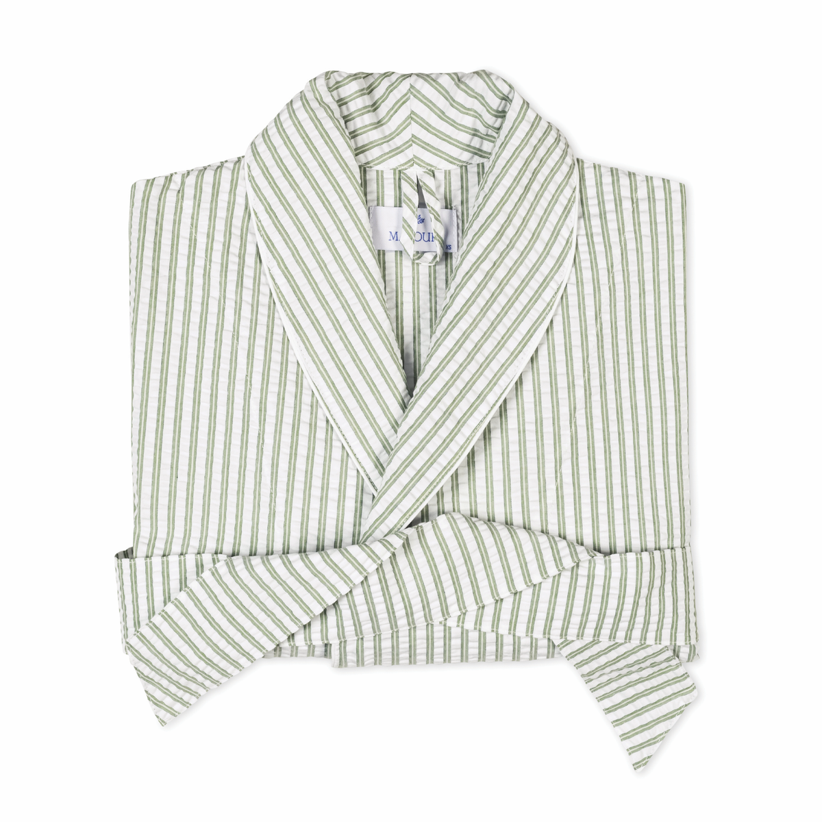 A folded seersucker Matouk Matteo Robe in Palm color