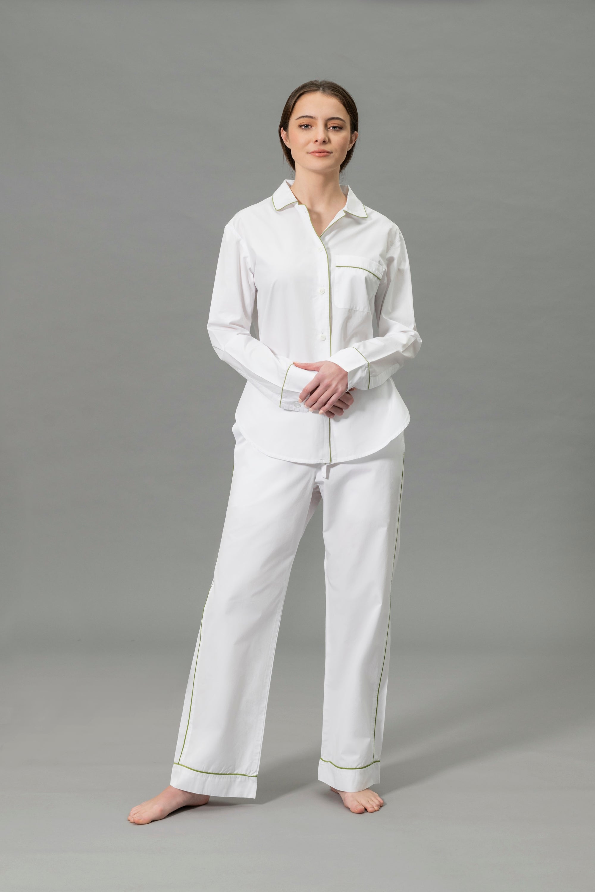 Front View of Model Wearing Matouk Milano Pajama Set in Color Grass