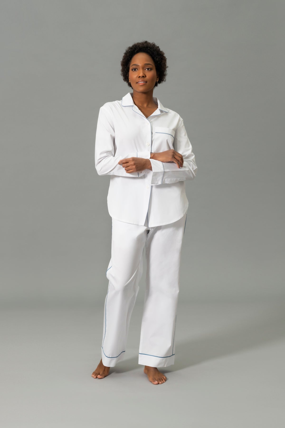 Front View of Model Wearing Matouk Milano Pajama Set in Color Sea