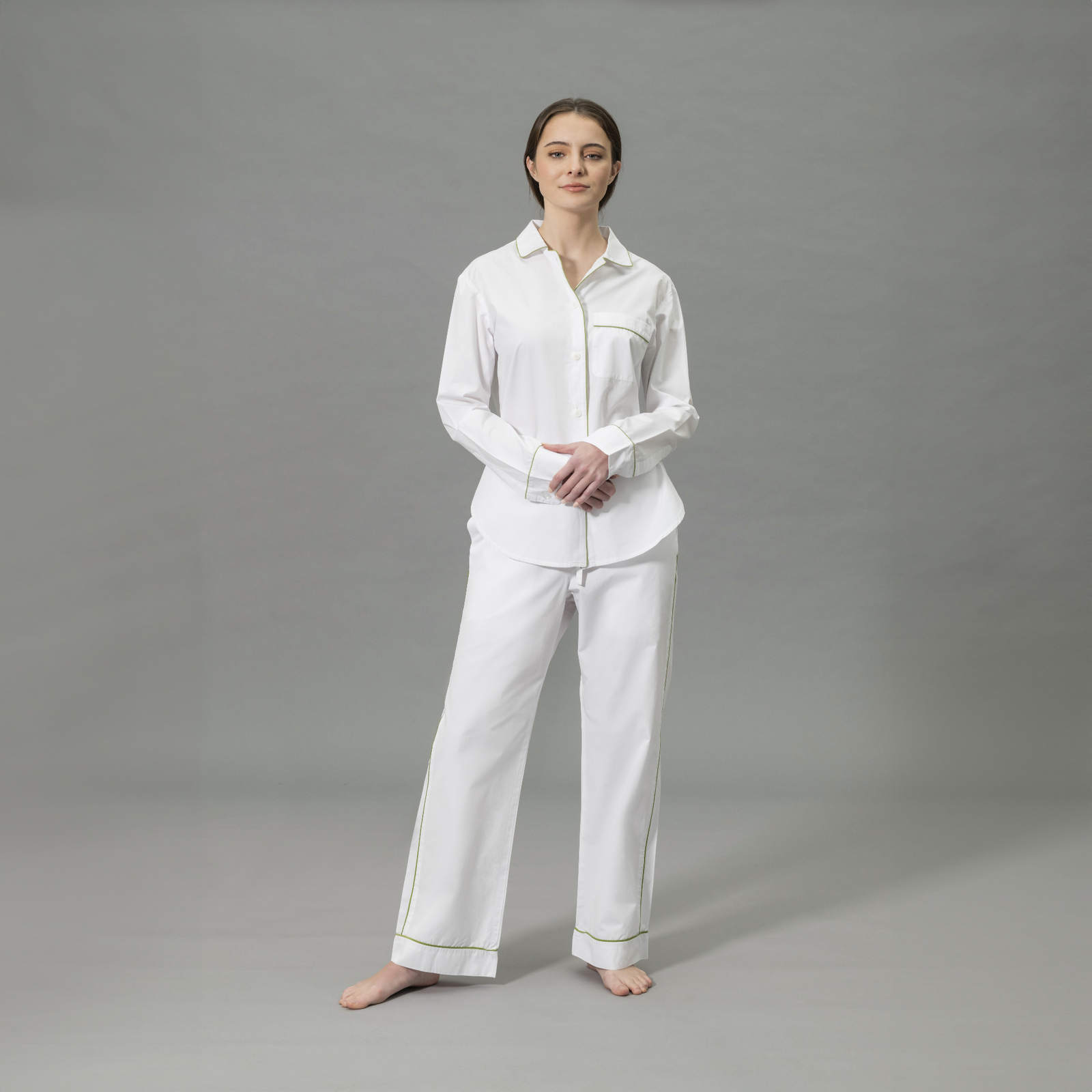 Front View of Model Wearing Matouk Milano Pajama Set in Color Grass