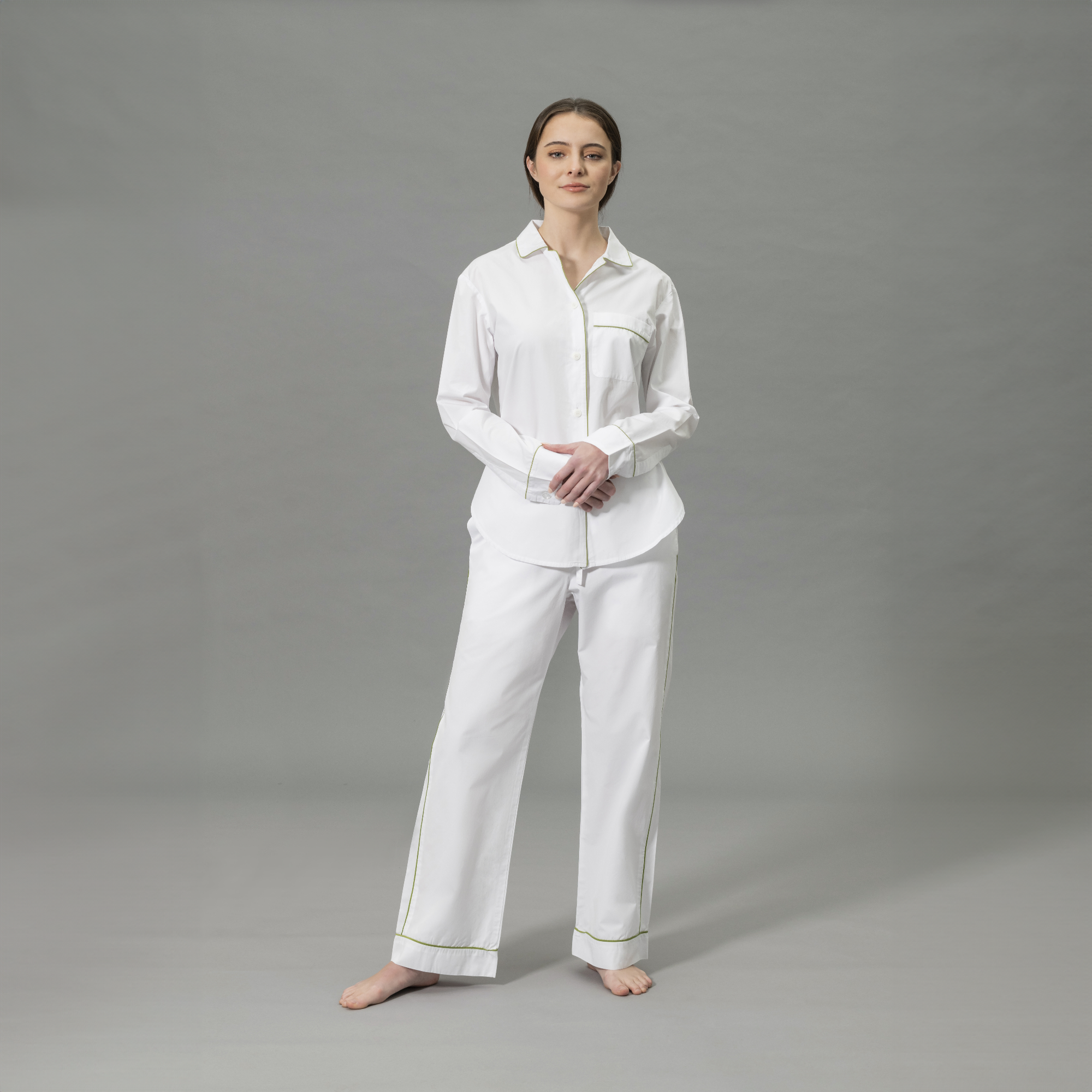 Front View of Model Wearing Matouk Milano Pajama Set in Color Grass