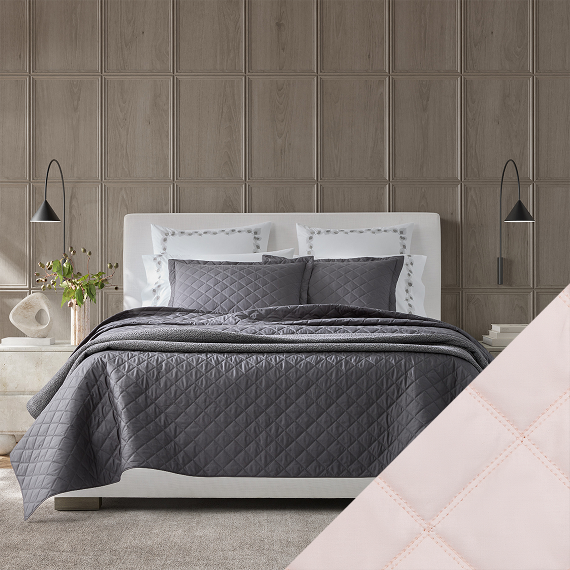 Bed Dressed in Matouk Milano Quilt Bedding with Swatch in Color Blush