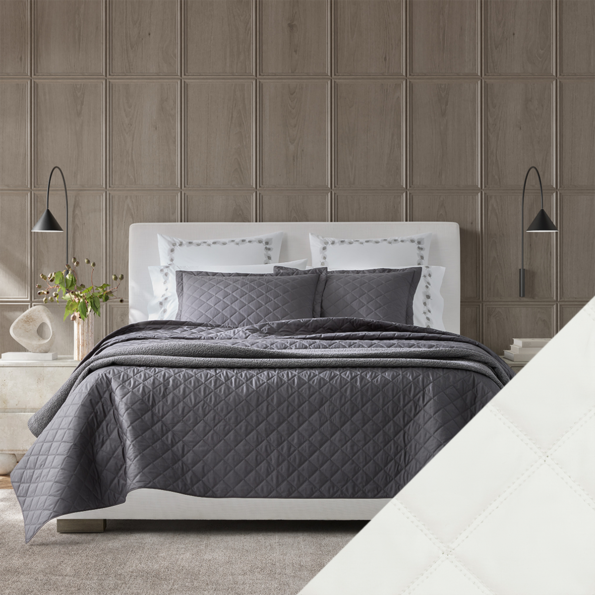 Bed Dressed in Matouk Milano Quilt Bedding with Swatch in Color Bone