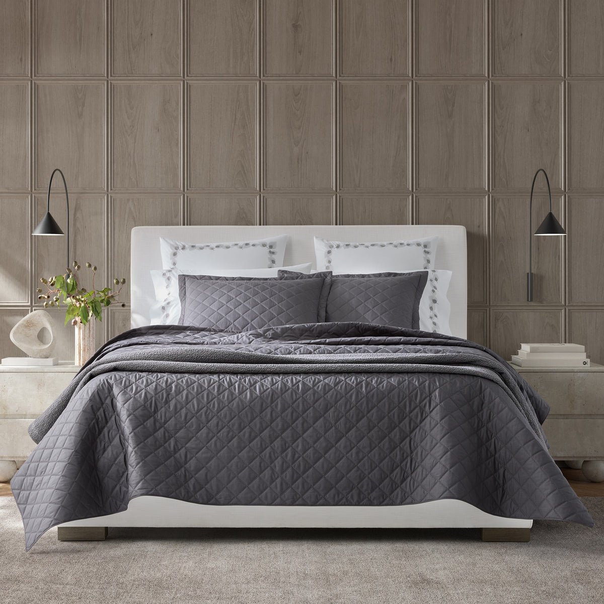 Bed Dressed in Matouk Milano Quilt Bedding in Color Carbon