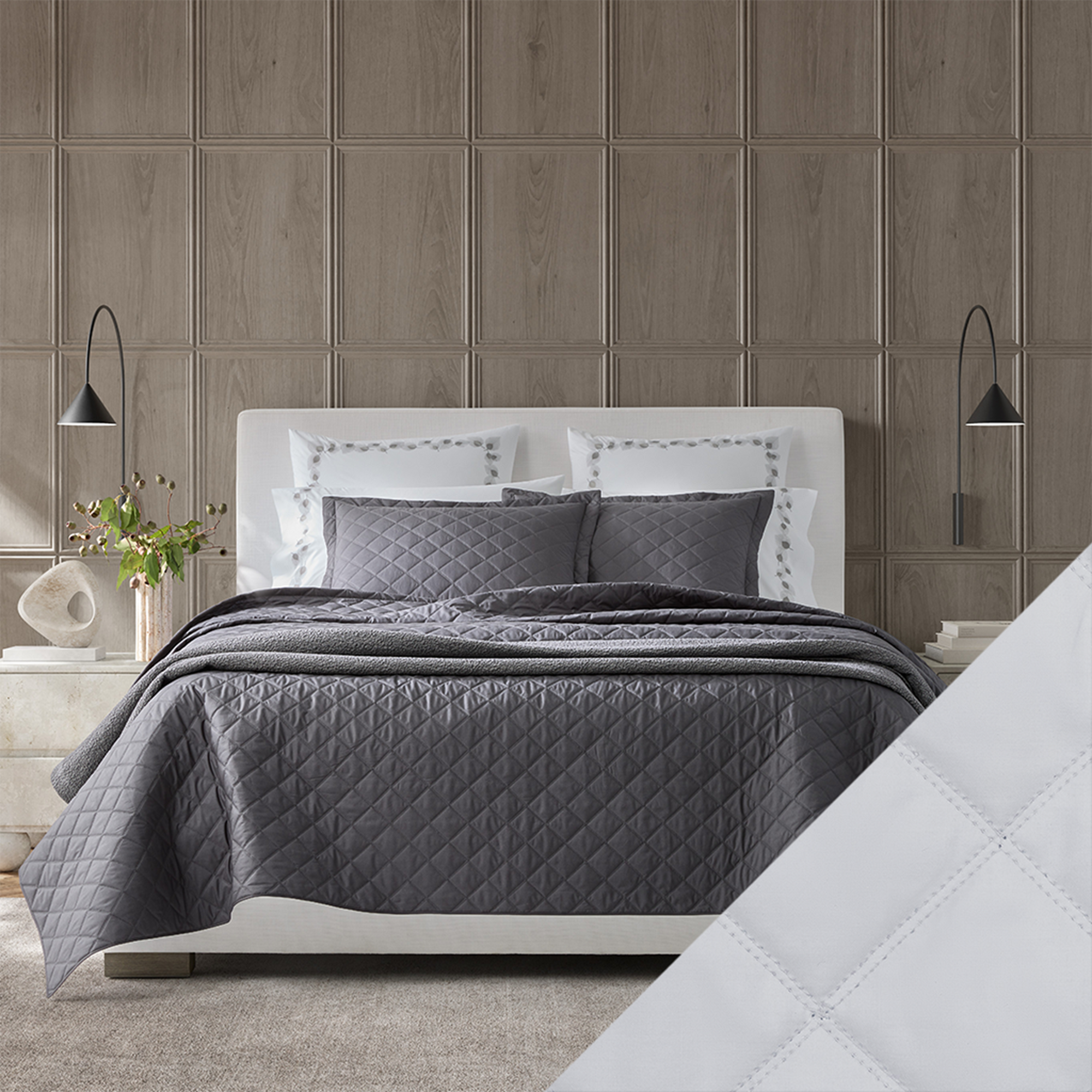 Bed Dressed in Matouk Milano Quilt Bedding with Swatch in Color Dove