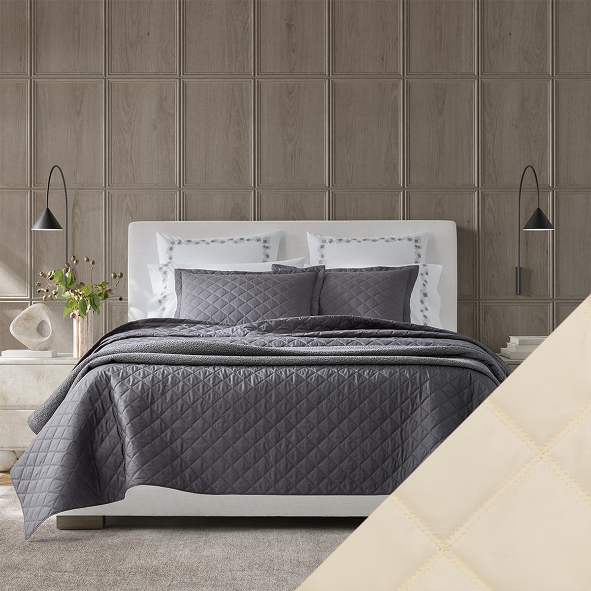 Bed Dressed in Matouk Milano Quilt Bedding with Swatch in Color Dune