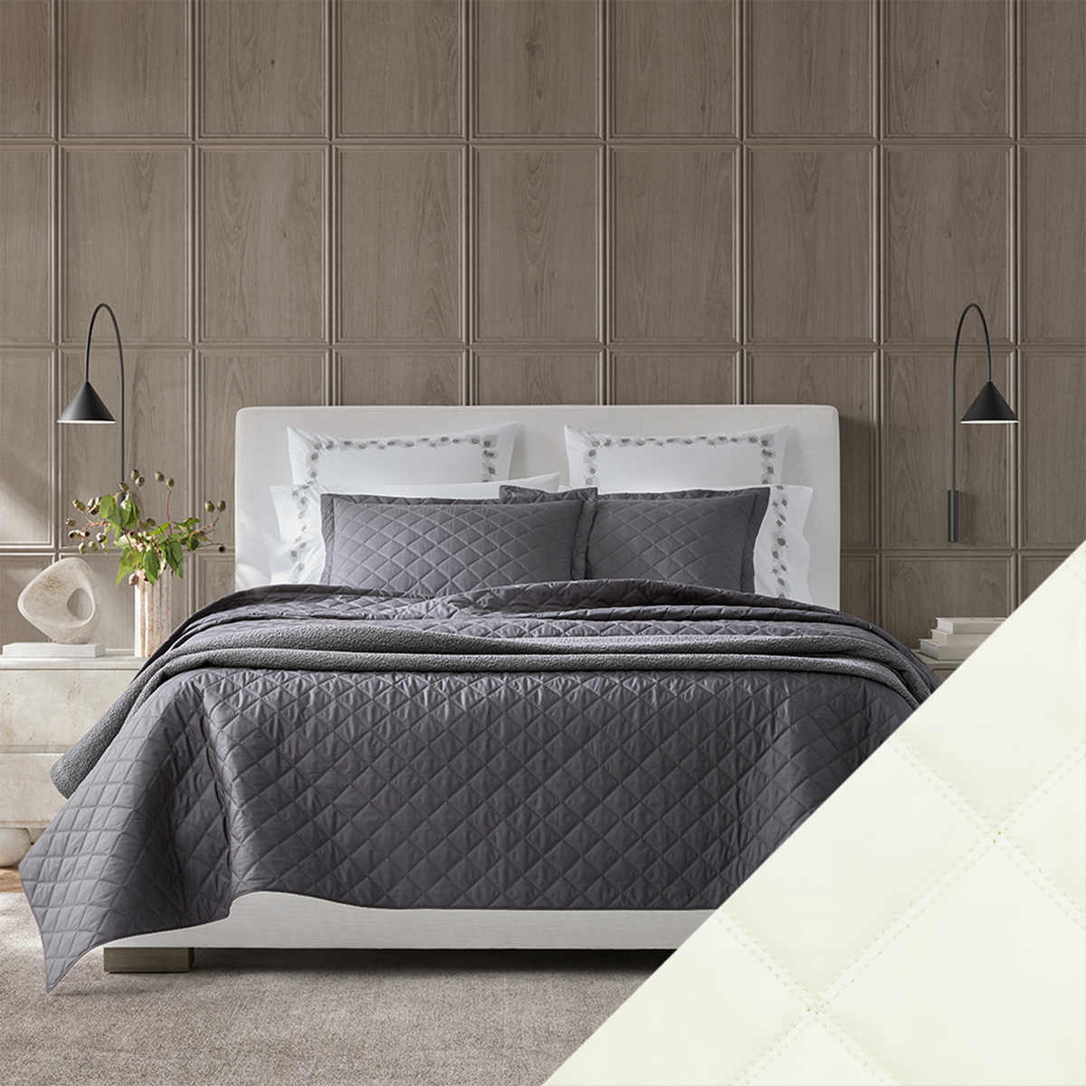 Bed Dressed in Matouk Milano Quilt Bedding with Swatch in Color Ivory