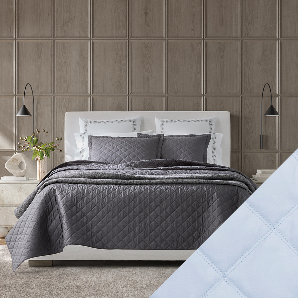 Bed Dressed in Matouk Milano Quilt Bedding with Swatch in Color Sky