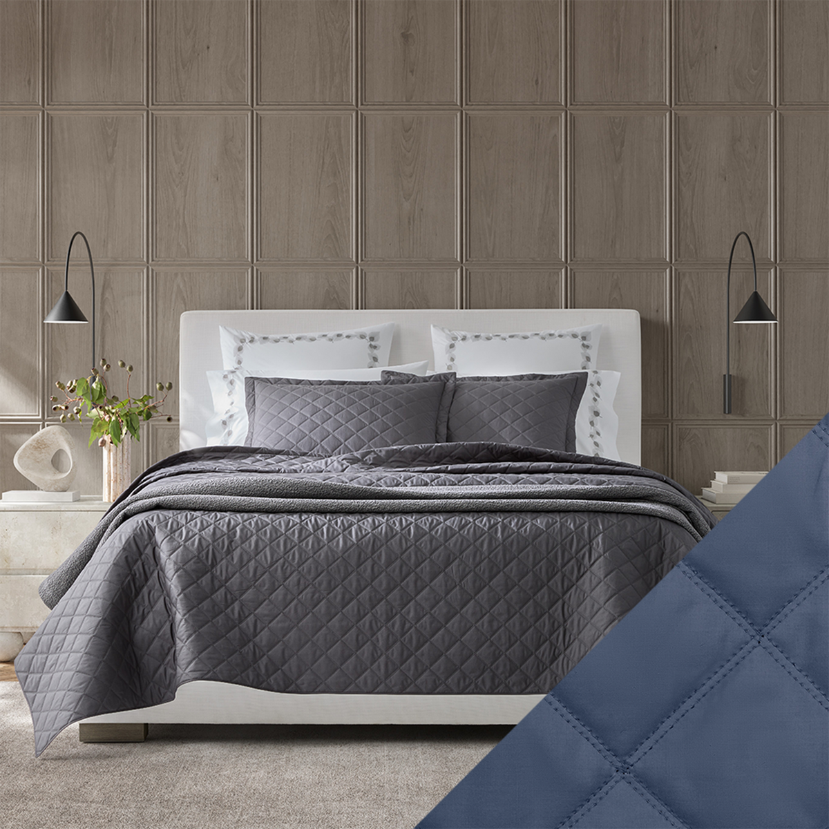 Bed Dressed in Matouk Milano Quilt Bedding with Swatch in Color Steel Blue