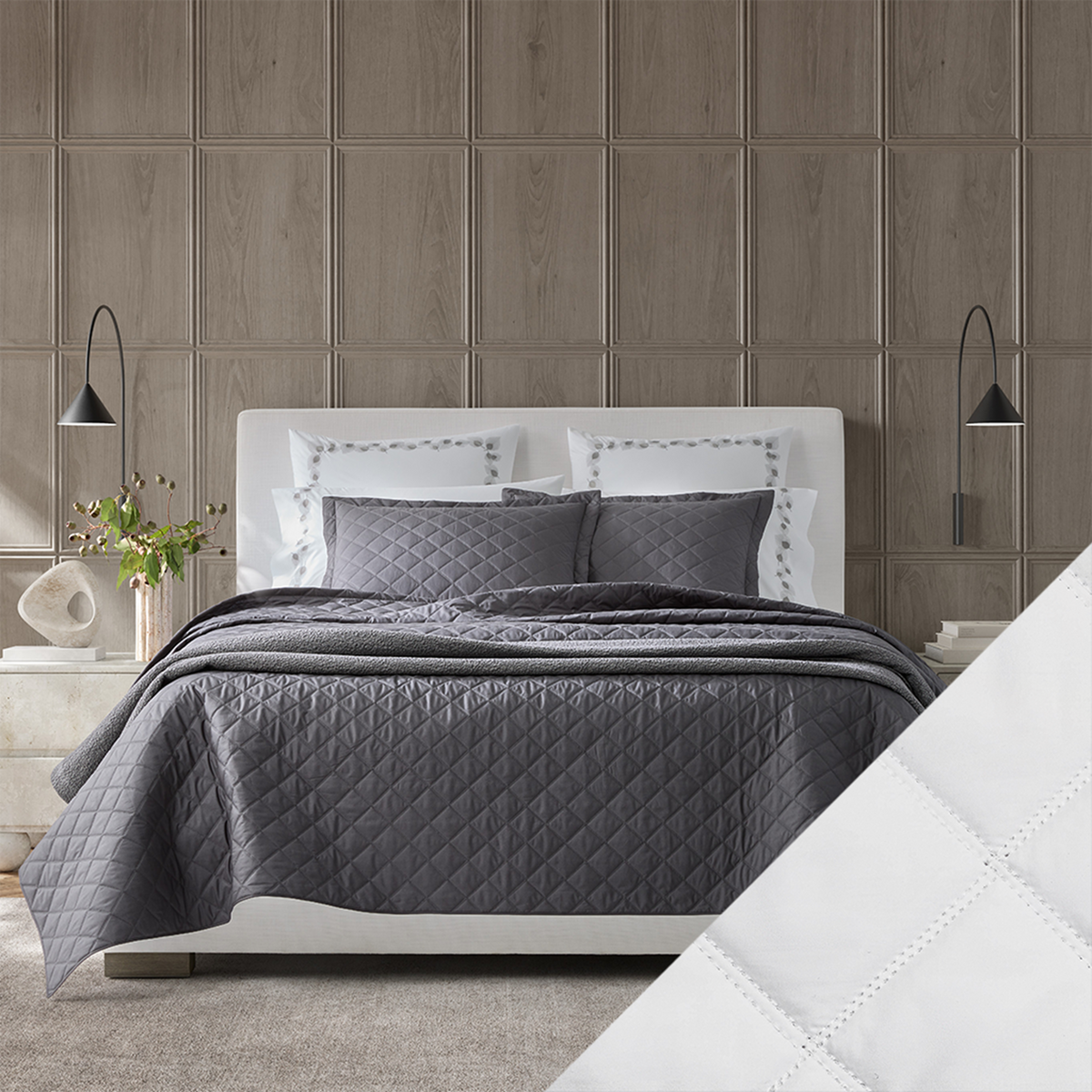 Bed Dressed in Matouk Milano Quilt Bedding with Swatch in Color White