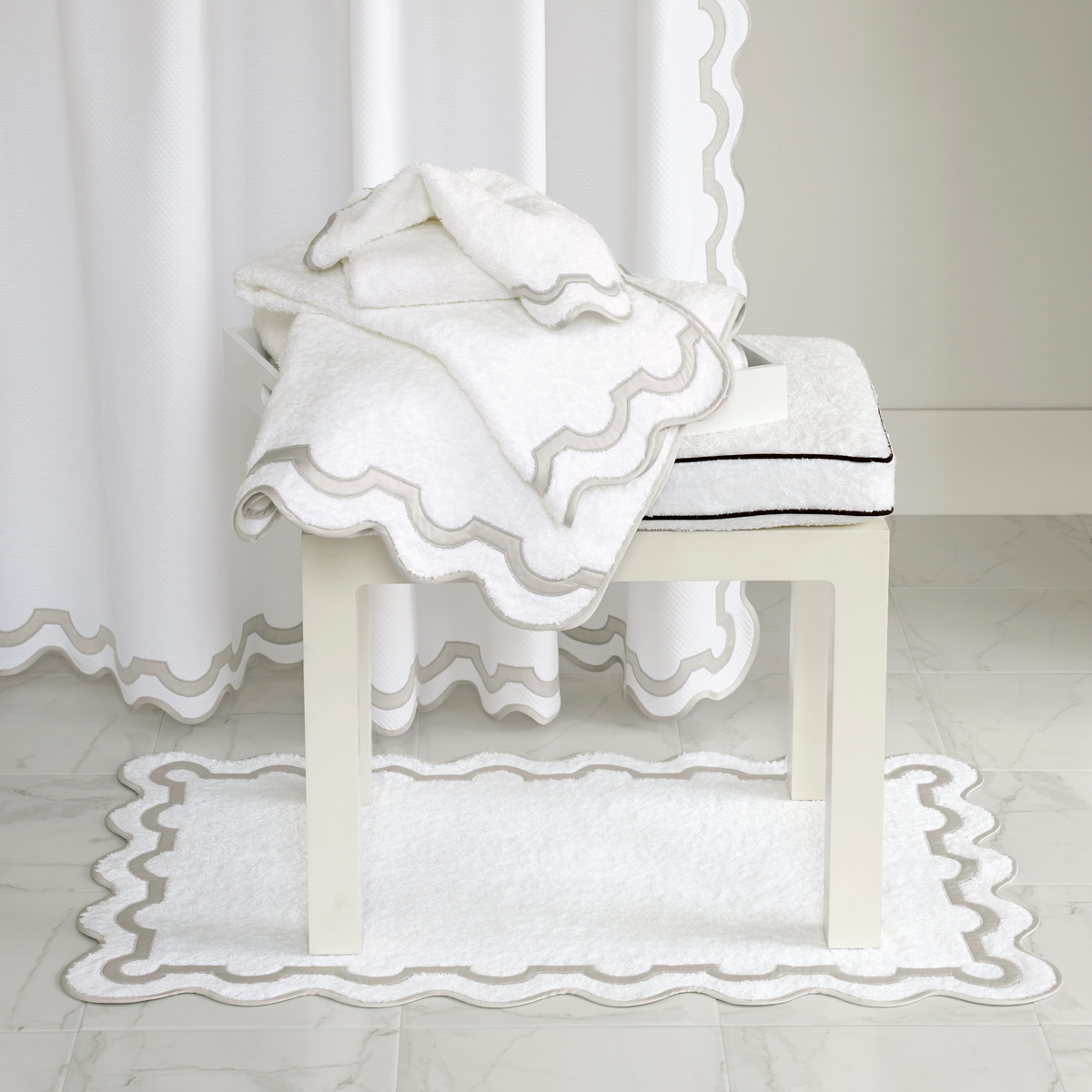 Matouk Mirasol Bath Collection with Shower Curtain in the Back