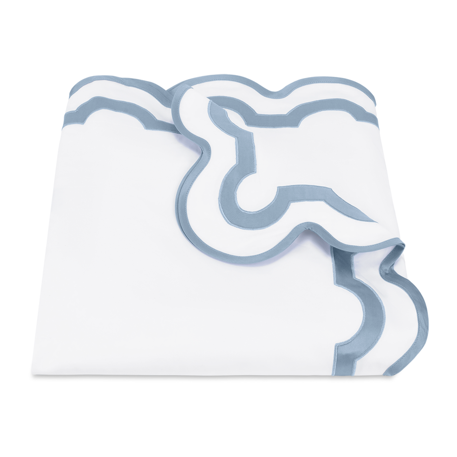 Full Bed Dressed in Matouk Mirasol Collection in Hazy Blue Color