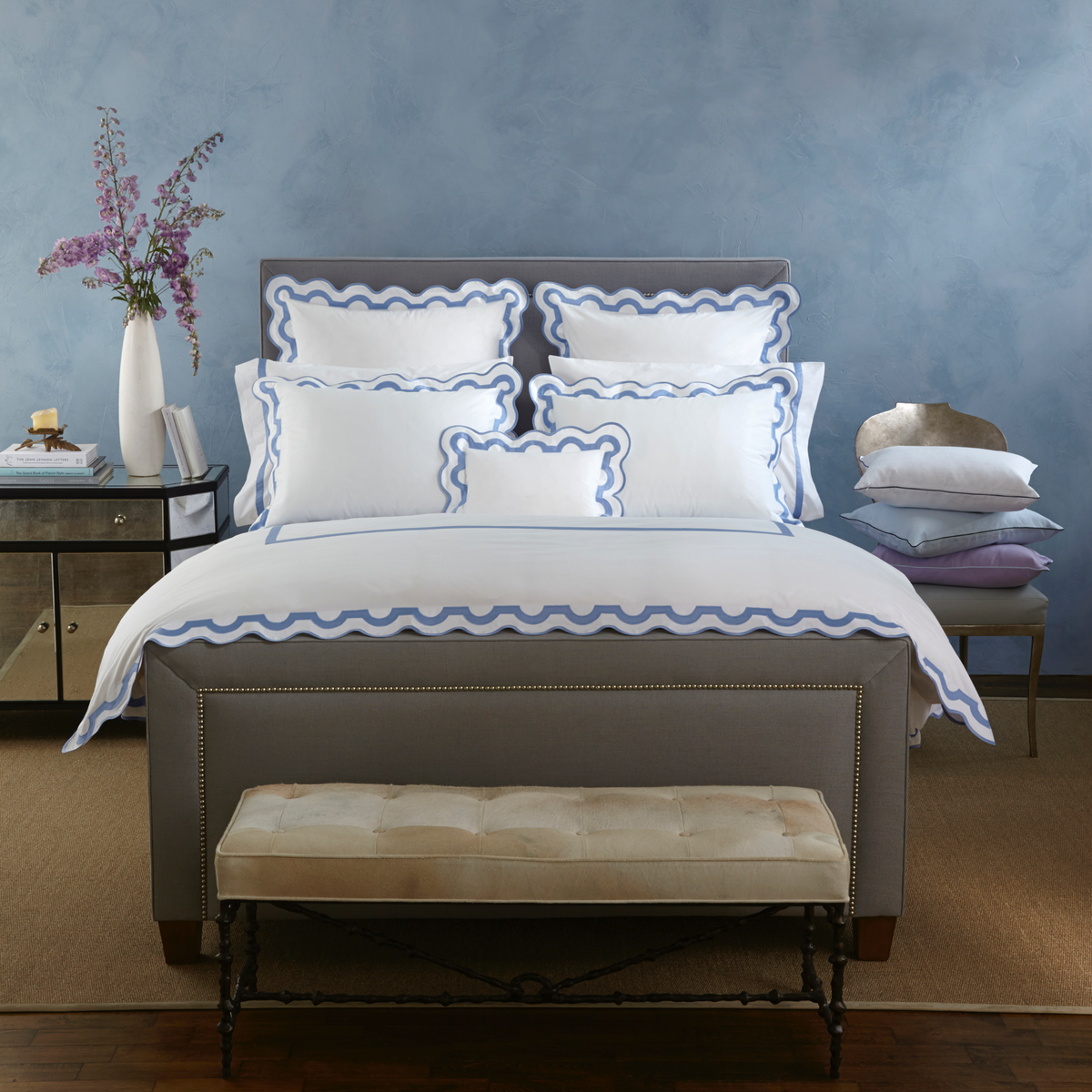 Full Bed Dressed in Matouk Mirasol Collection in Azure Color