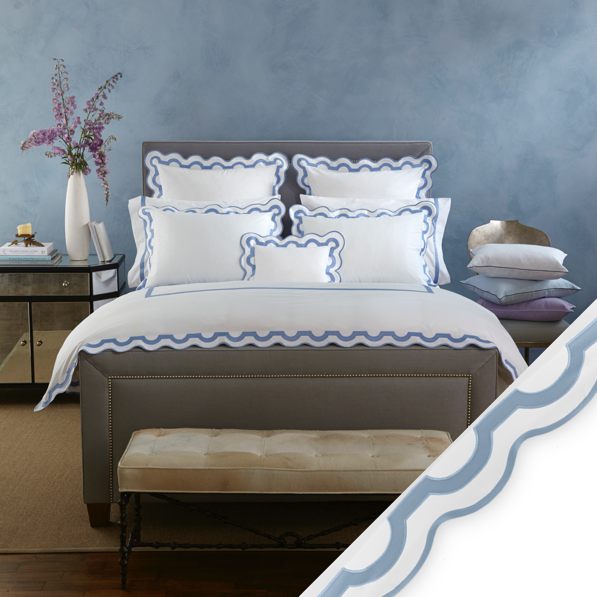 Full Bed Dressed in Matouk Mirasol Collection in Hazy Blue Color